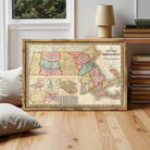 The image is a framed vintage map of Massachusetts, depicting the state's geographical layout and boundaries.