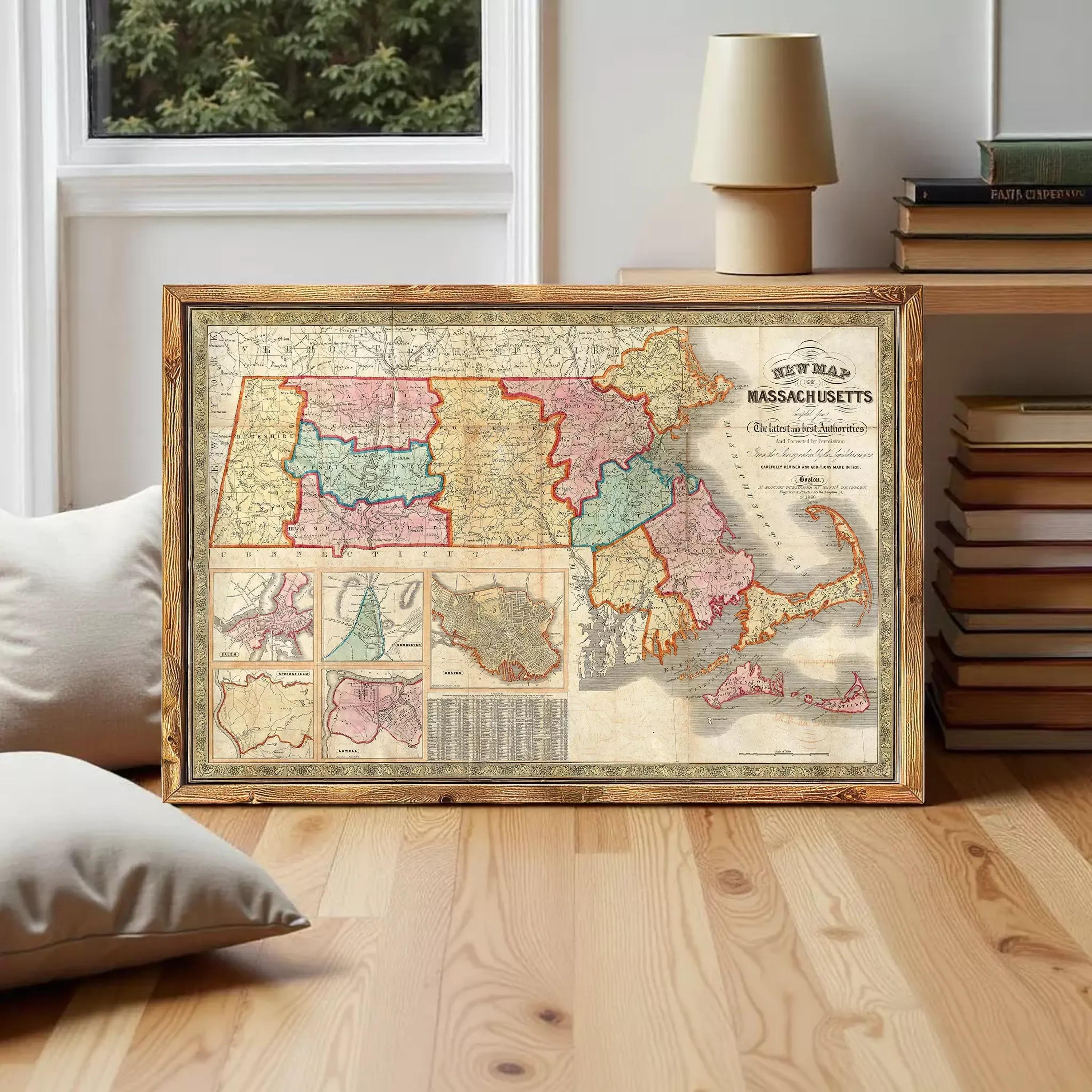 The image is a framed vintage map of Massachusetts, depicting the state's geographical layout and boundaries.