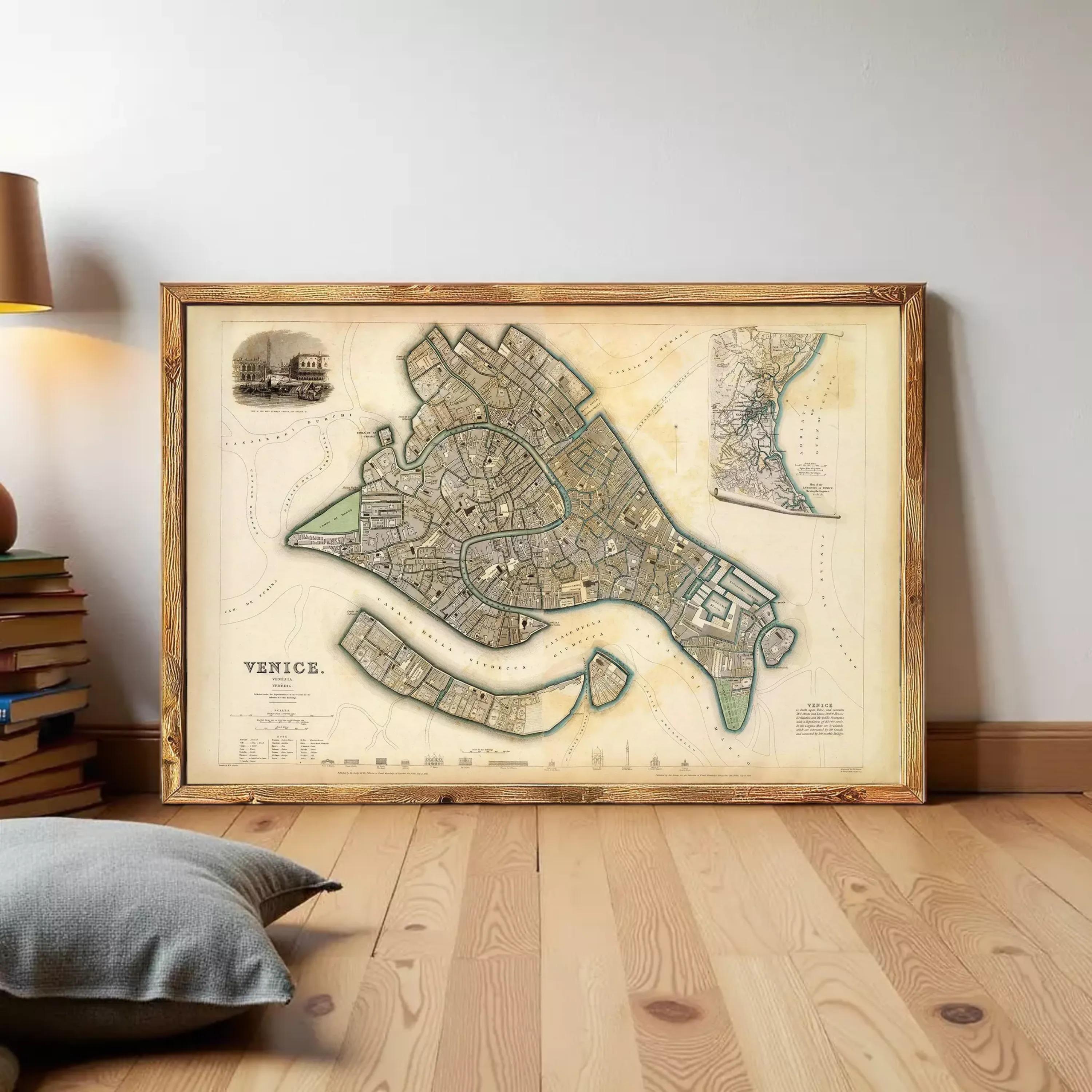 The image is a framed vintage map of Venice, Italy, depicting the city's layout and surrounding areas.