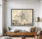 The image is a framed vintage map of a city, depicting various landmarks and streets.