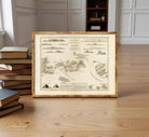 a framed map of the Caribbean region, with various islands and geographical features depicted.