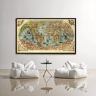 a large, vintage-style world map hanging on a wall, with two white bean bag chairs positioned in front of it.