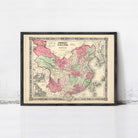The image is a framed vintage map of China, depicting the country in a detailed and intricate manner.