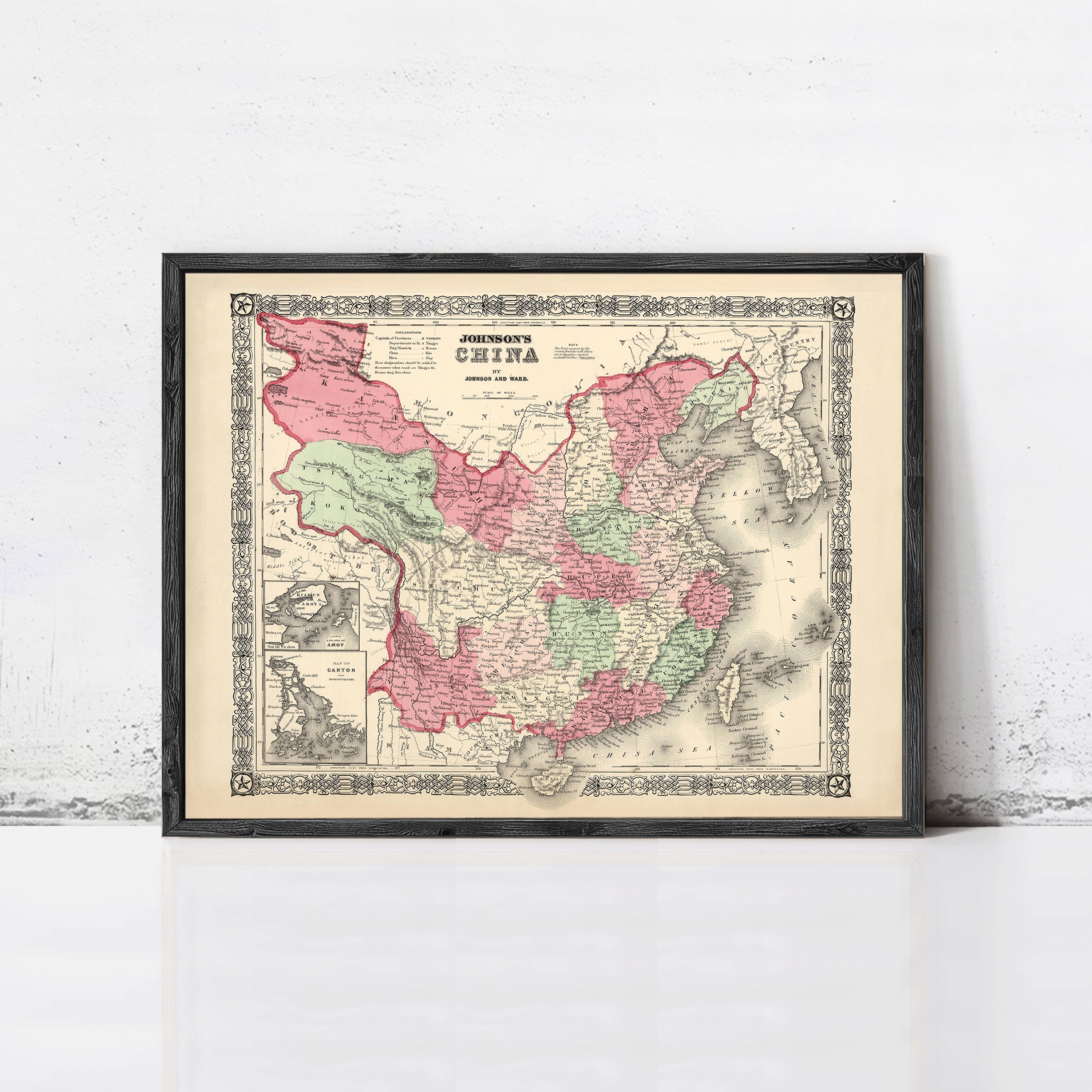 The image is a framed vintage map of China, depicting the country in a detailed and intricate manner.