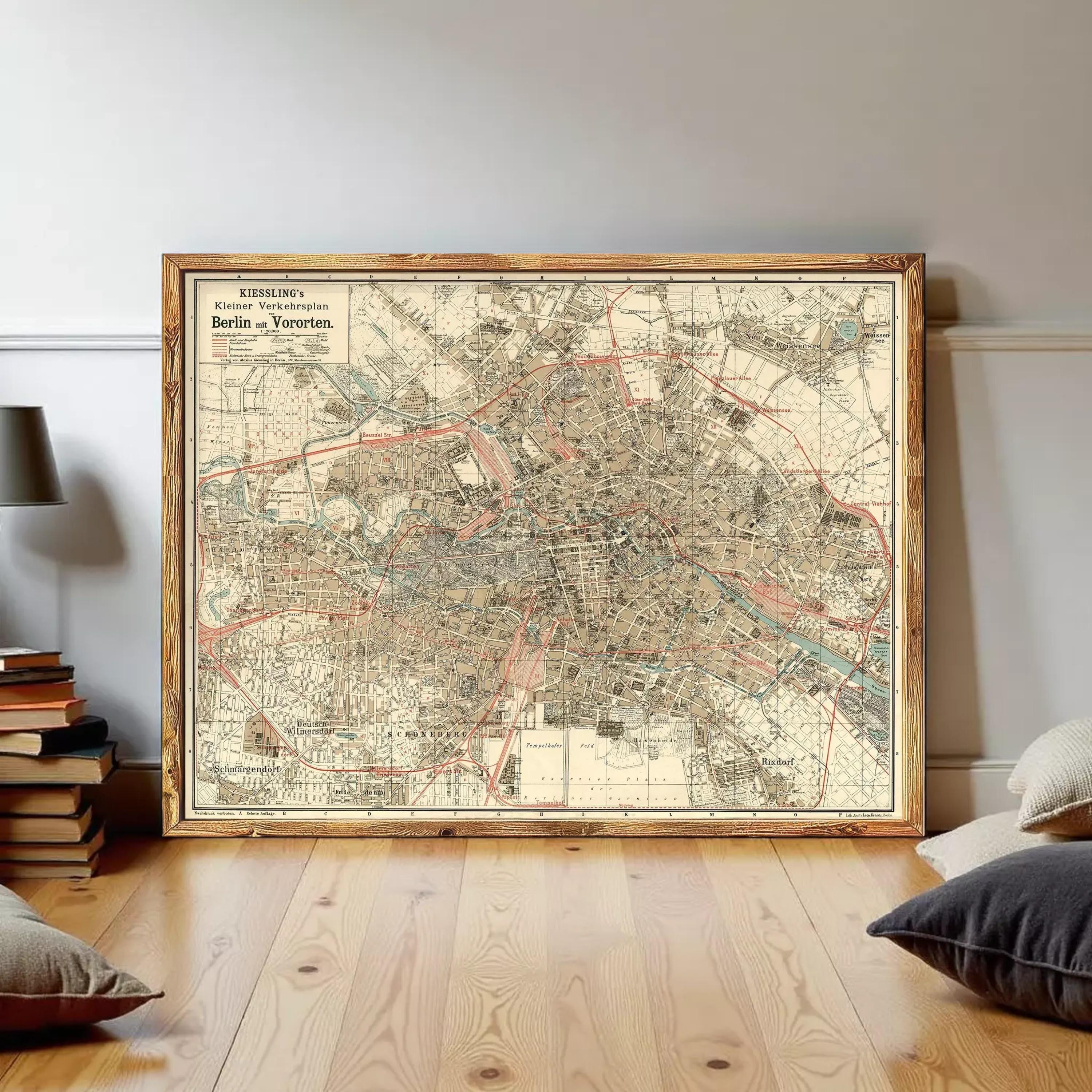 The image is a framed vintage map of Berlin, Germany, depicting the city's streets and landmarks.