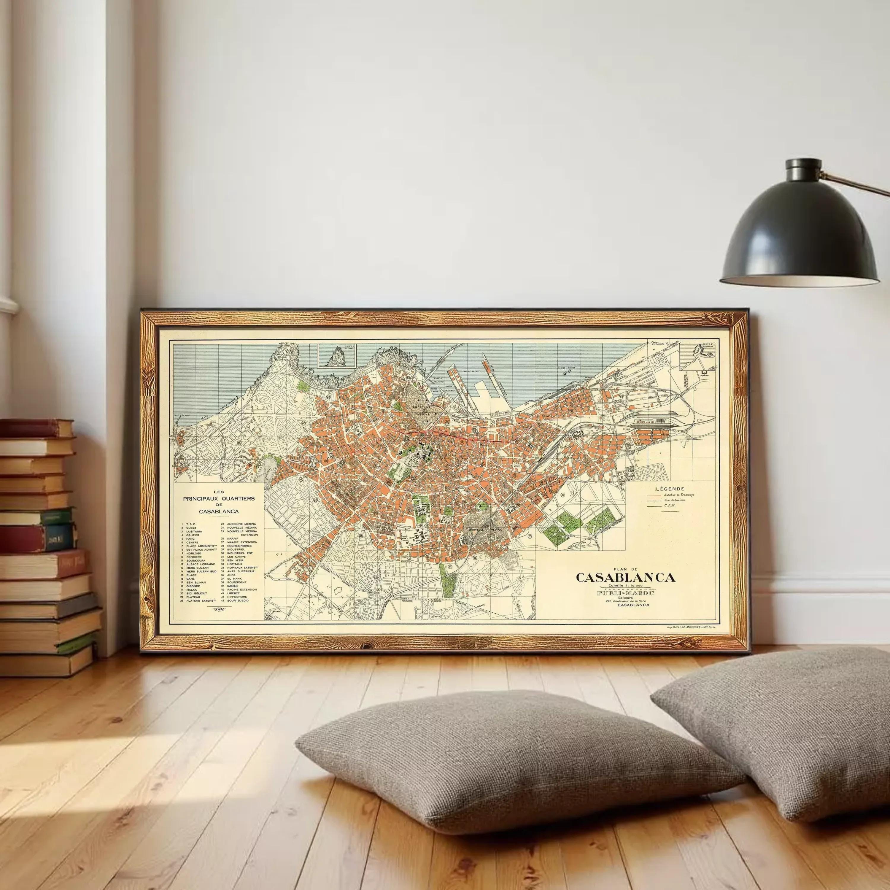The image is a framed vintage map of Casablanca, Morocco, depicting the city's layout and surrounding areas.