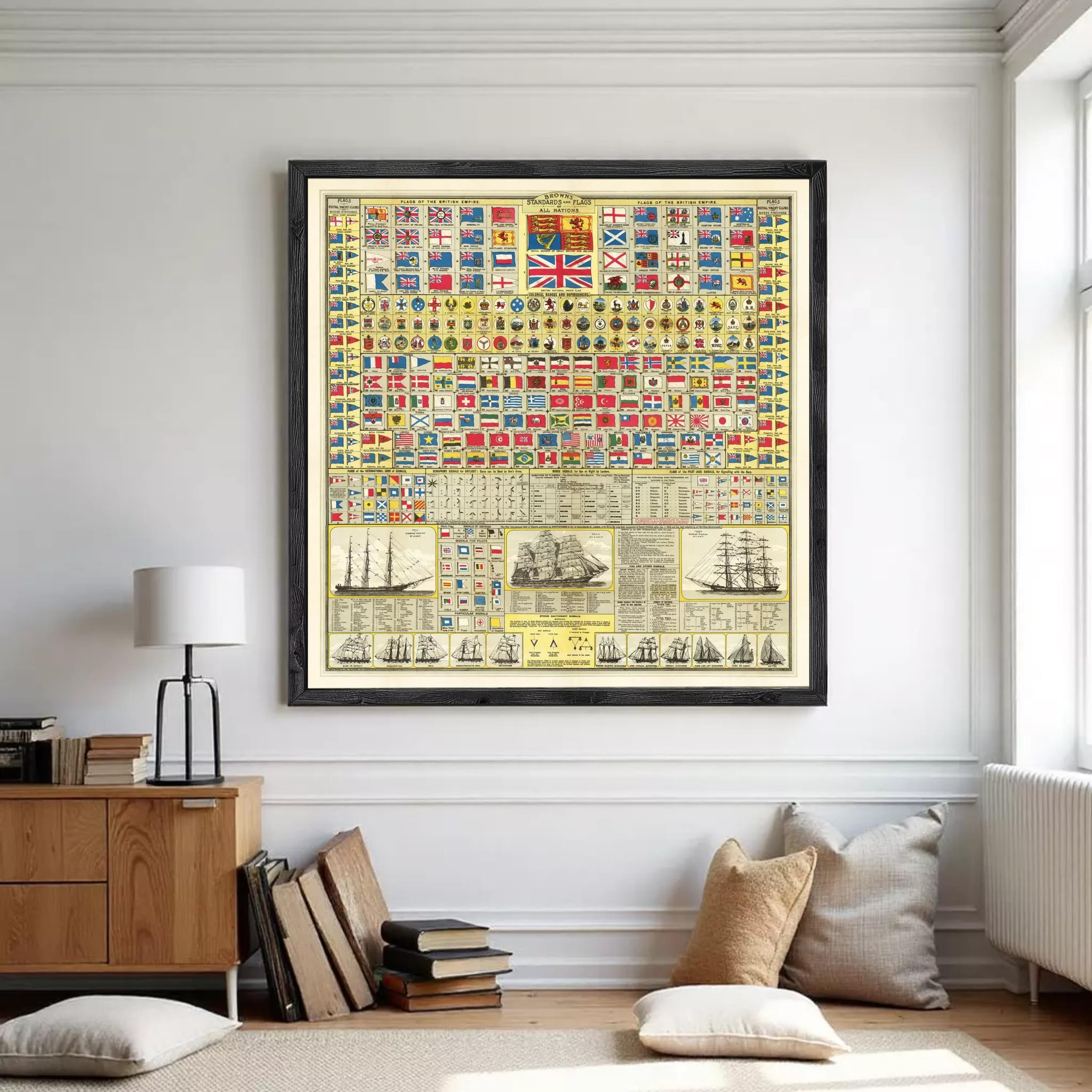 The image is a framed collage of various nautical and maritime-themed illustrations, including flags, ships, and other nautical symbols.