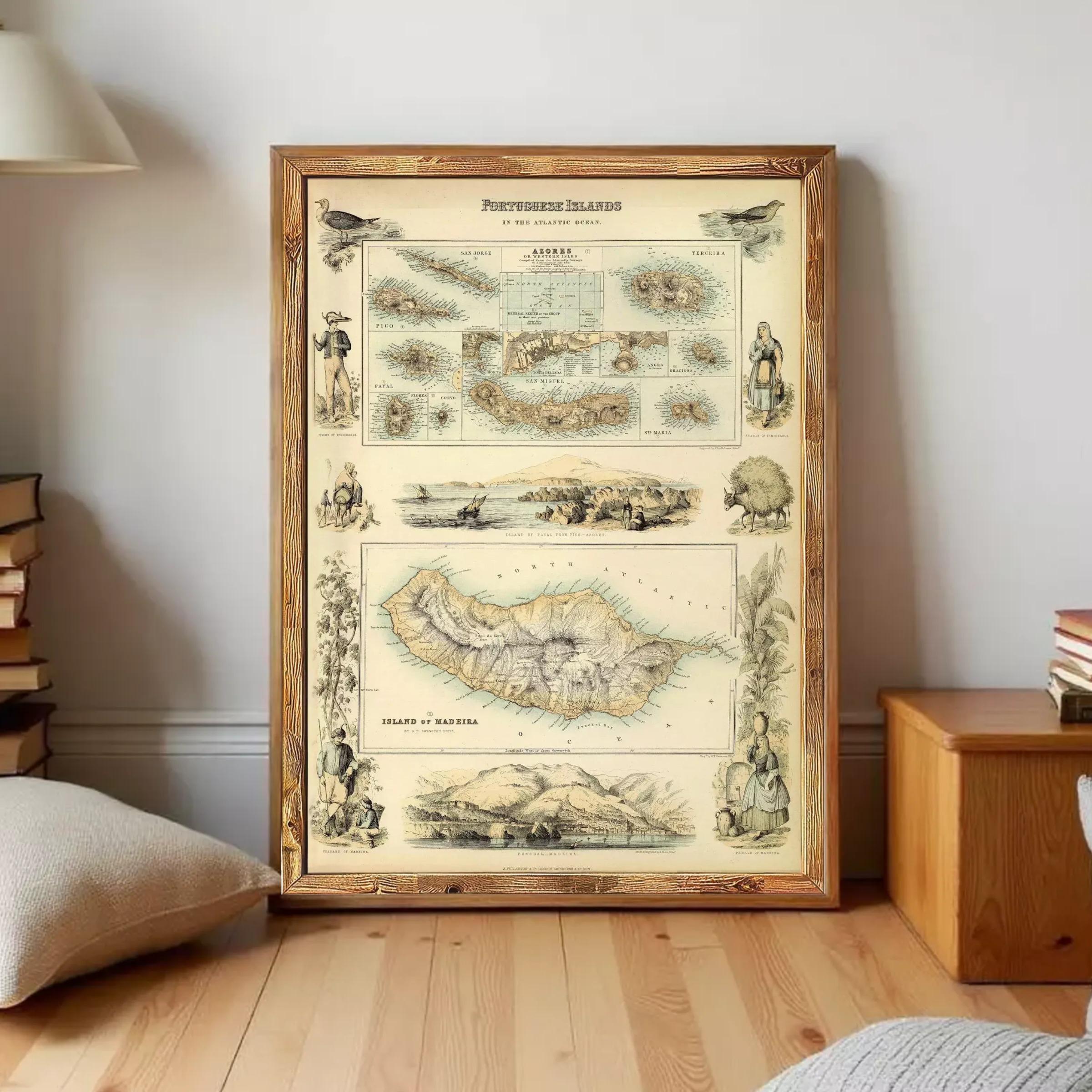 The image is a framed vintage map of the Portuguese islands, featuring various illustrations and labels.