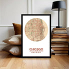 A framed map of Chicago, Illinois, with the city's name and coordinates displayed.