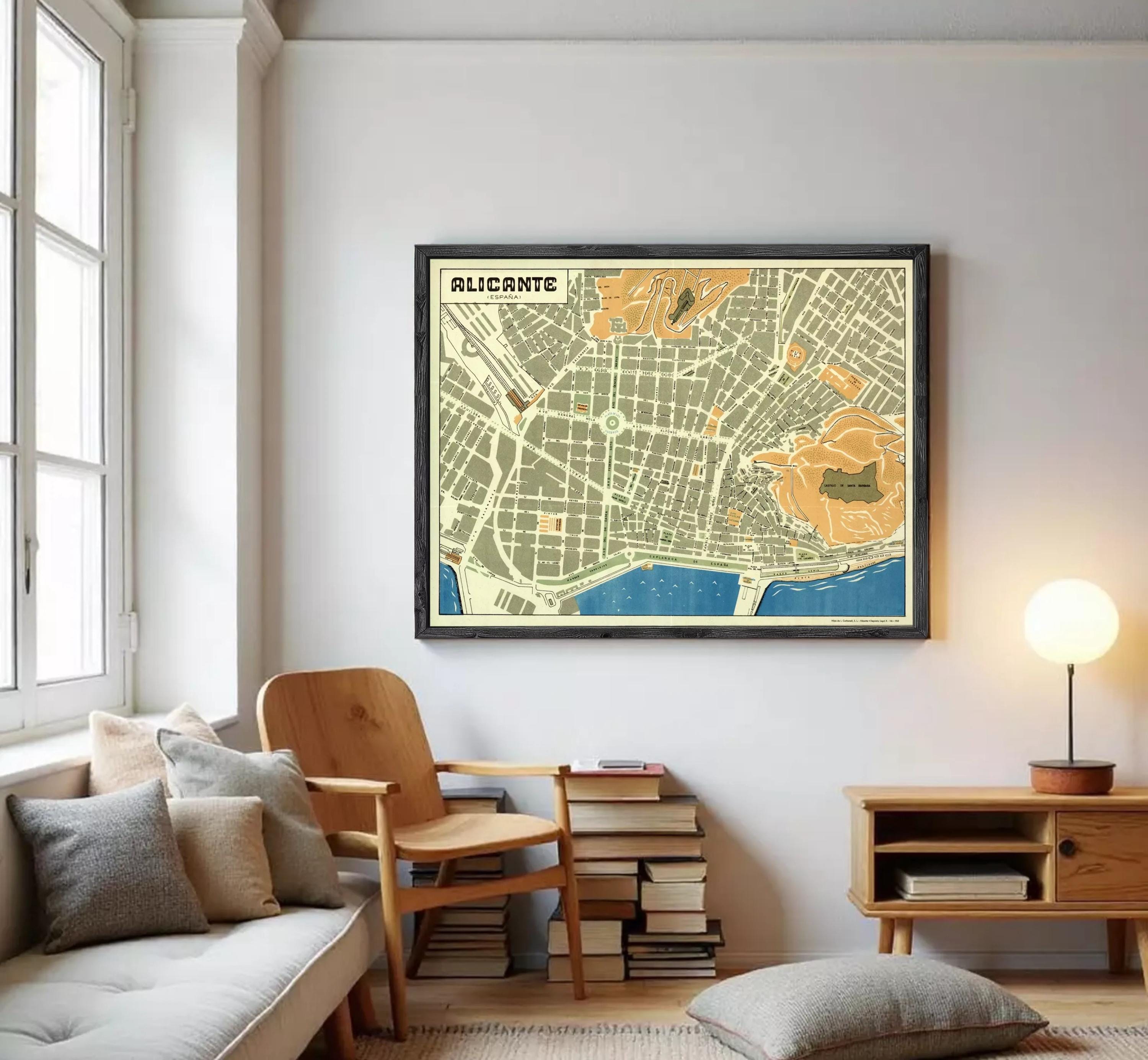 The image is a framed map of the city of Alicante, Spain.