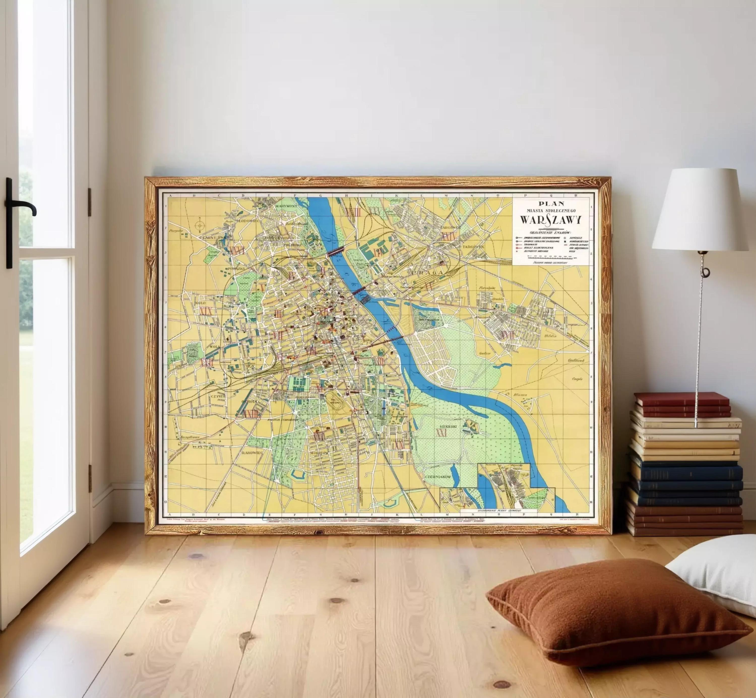 The image is a framed map of Warsaw, Poland, depicting the city's streets, landmarks, and surrounding areas.