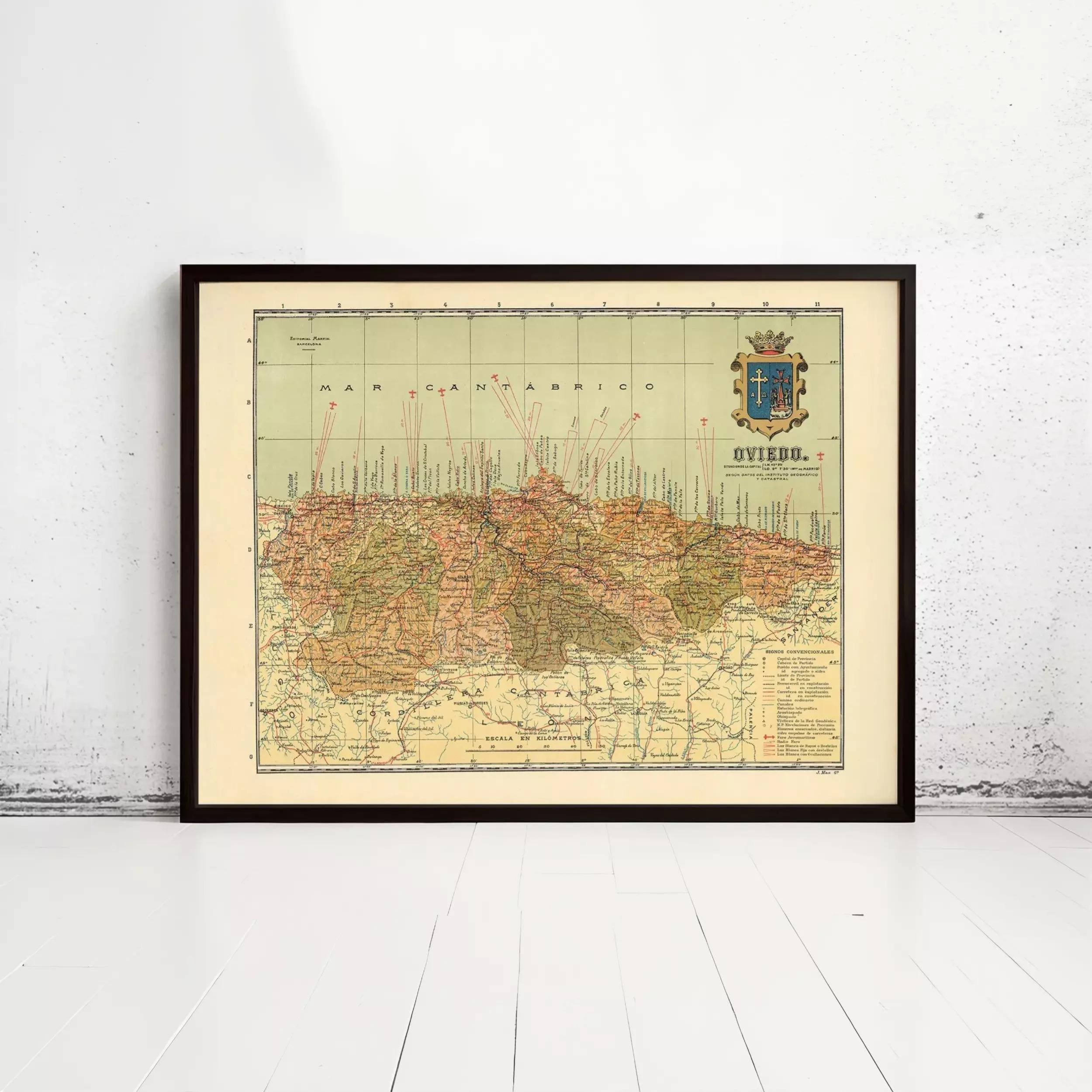 The image is a framed vintage map of the Marches region, which includes the town of Oviado.