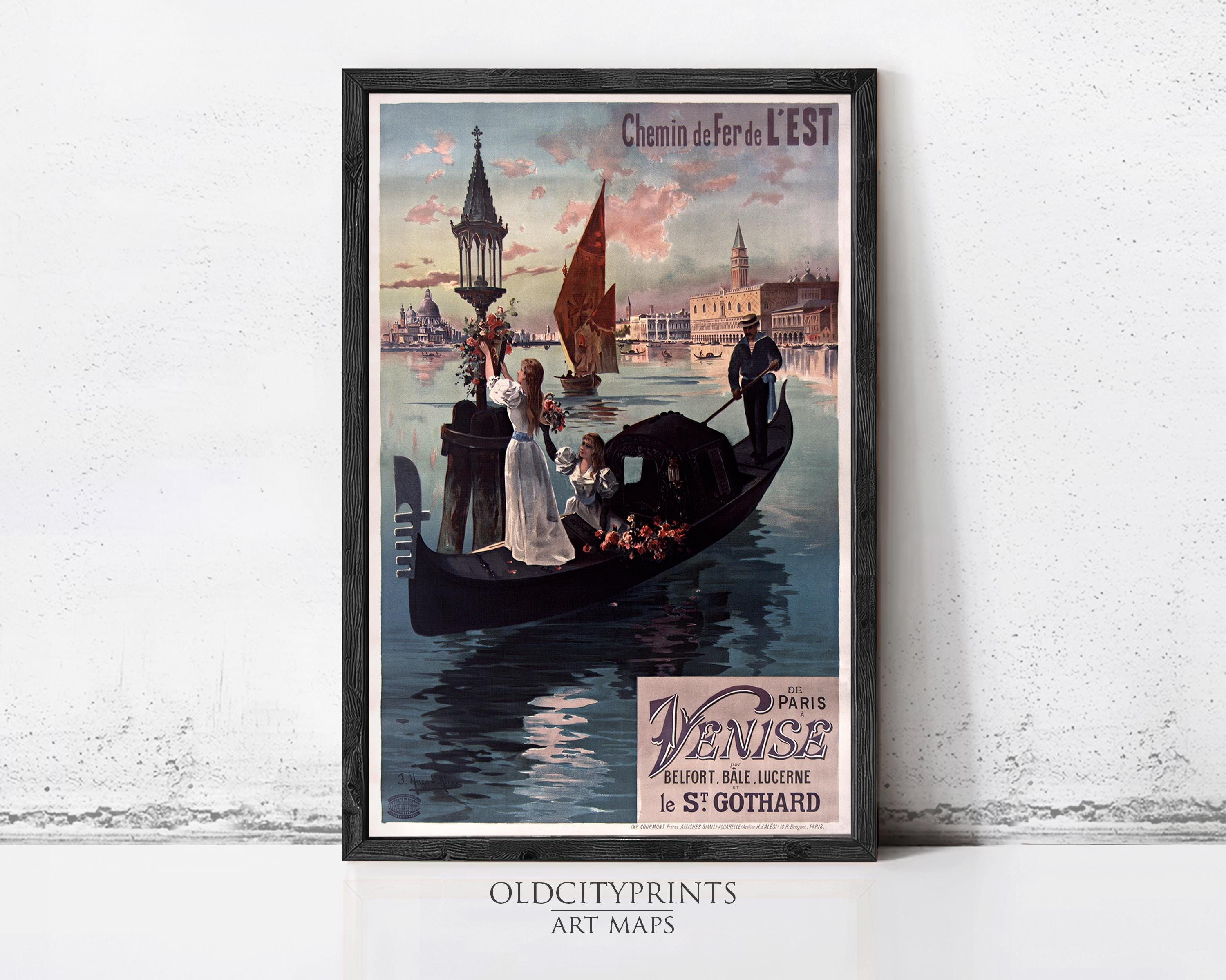 The image is a framed vintage poster advertising gondolas in Venice, featuring a gondolier and passengers on a gondola in the water.