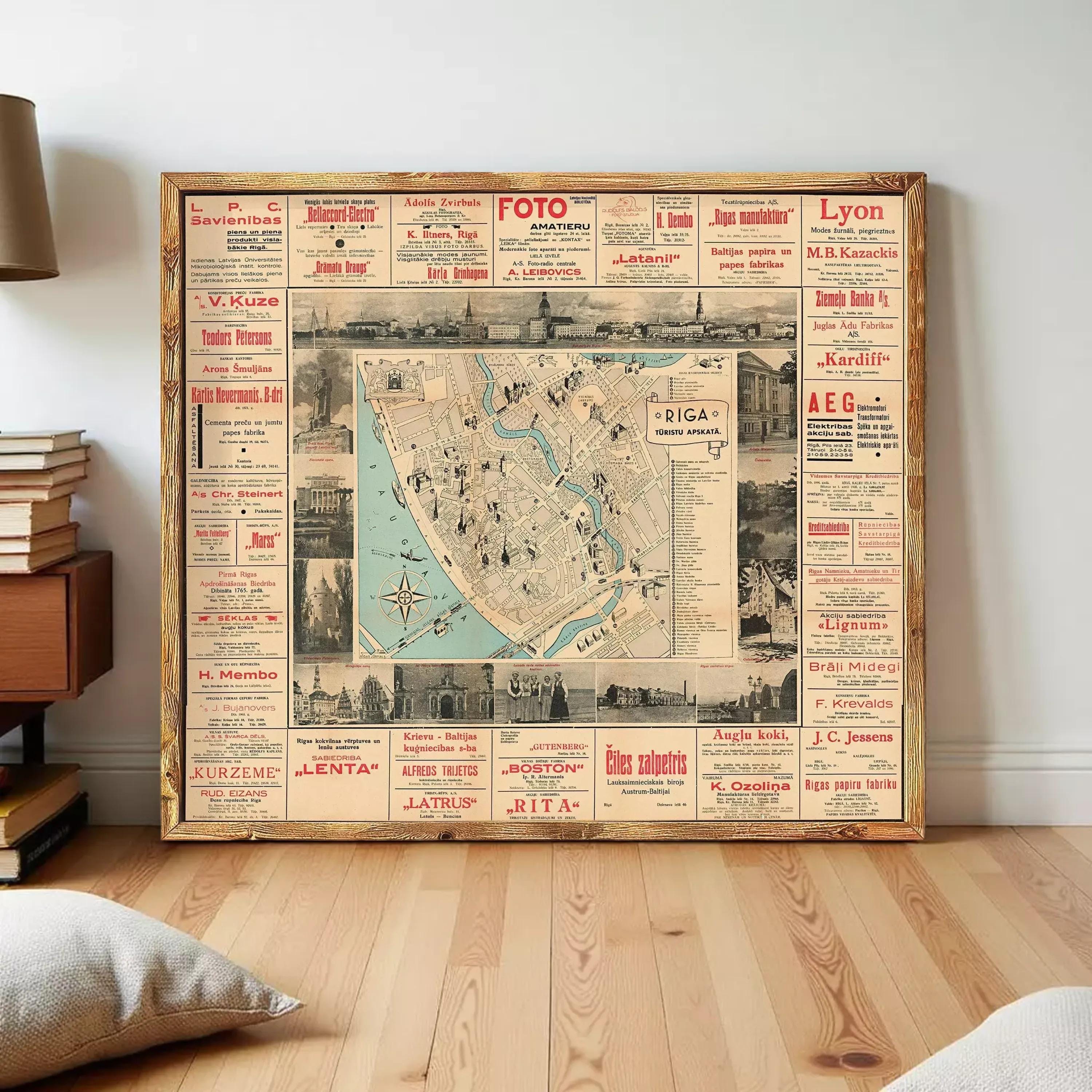 The image is a large framed map of a city, with various advertisements and information surrounding it.