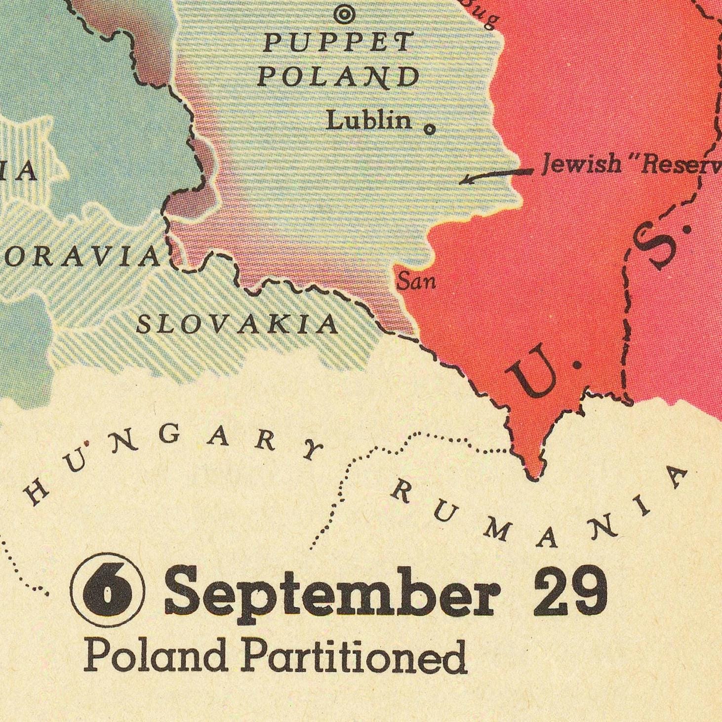 The image is a map showing the borders and territories of various countries, including the U.S., Poland, and Romania, with a date and event labeled below it.