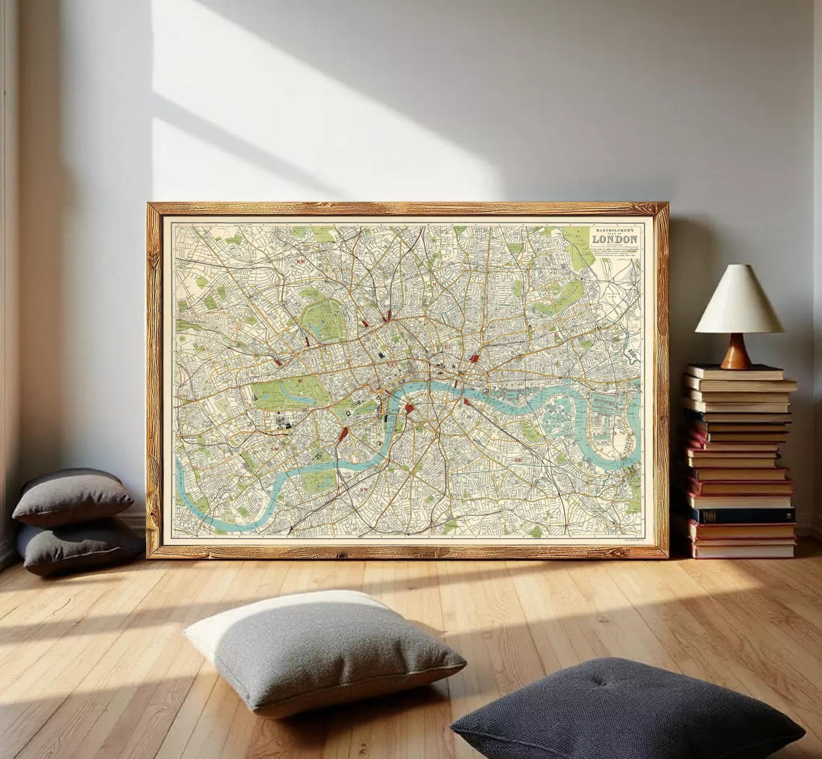The image is a framed map of London, displaying the city's streets, landmarks, and other geographical features.