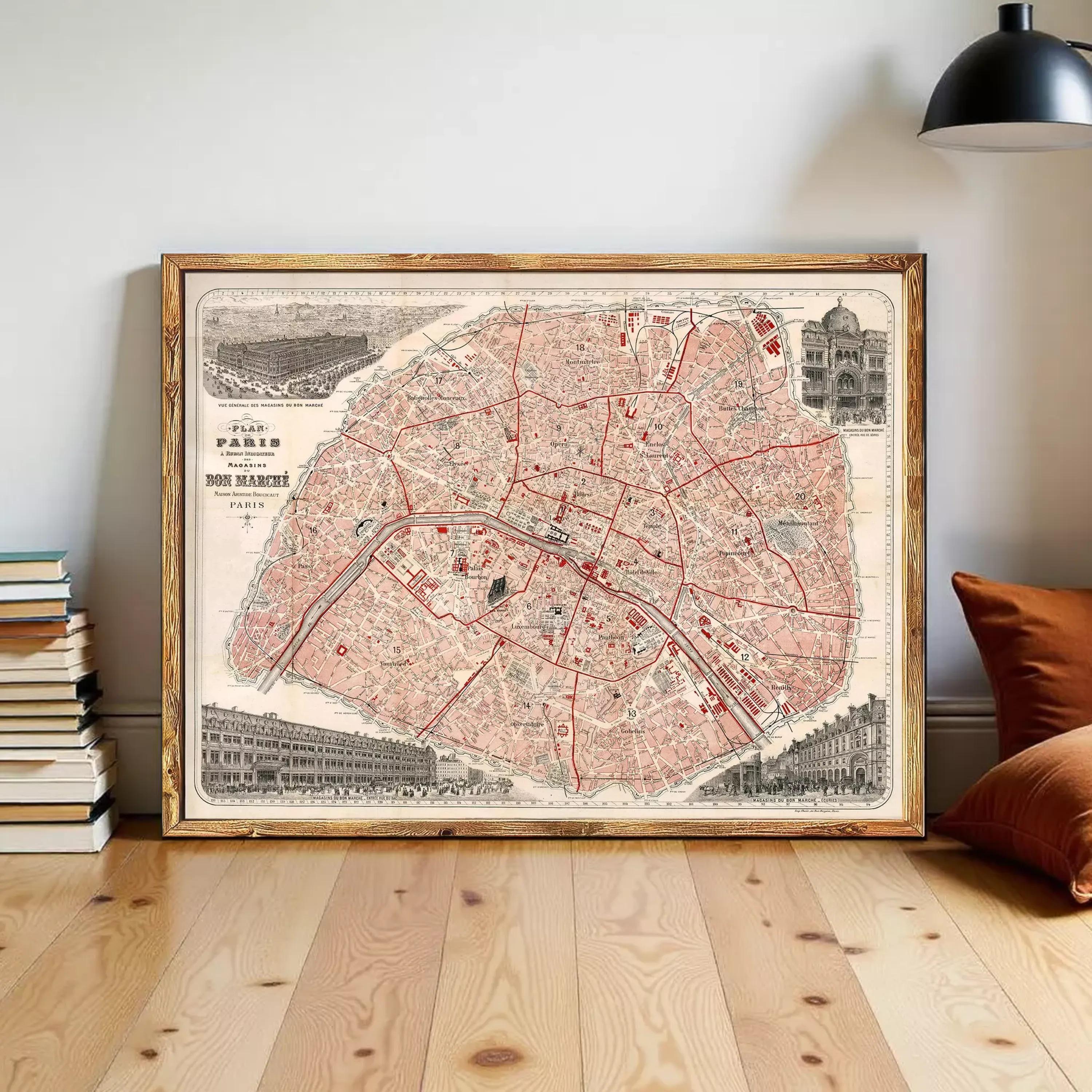 The image is a framed vintage map of Paris, France, depicting the city's streets and landmarks.