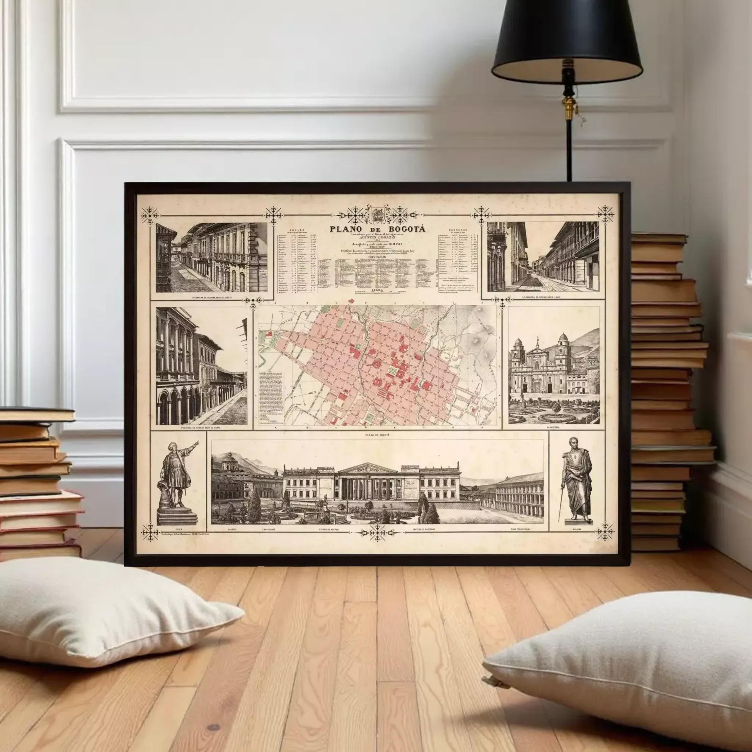 The image is a framed collage of various architectural and historical images, including buildings, statues, and maps, all set against a white background.