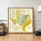 The image is a framed geological map of Texas, showing the state's geological features and topography.