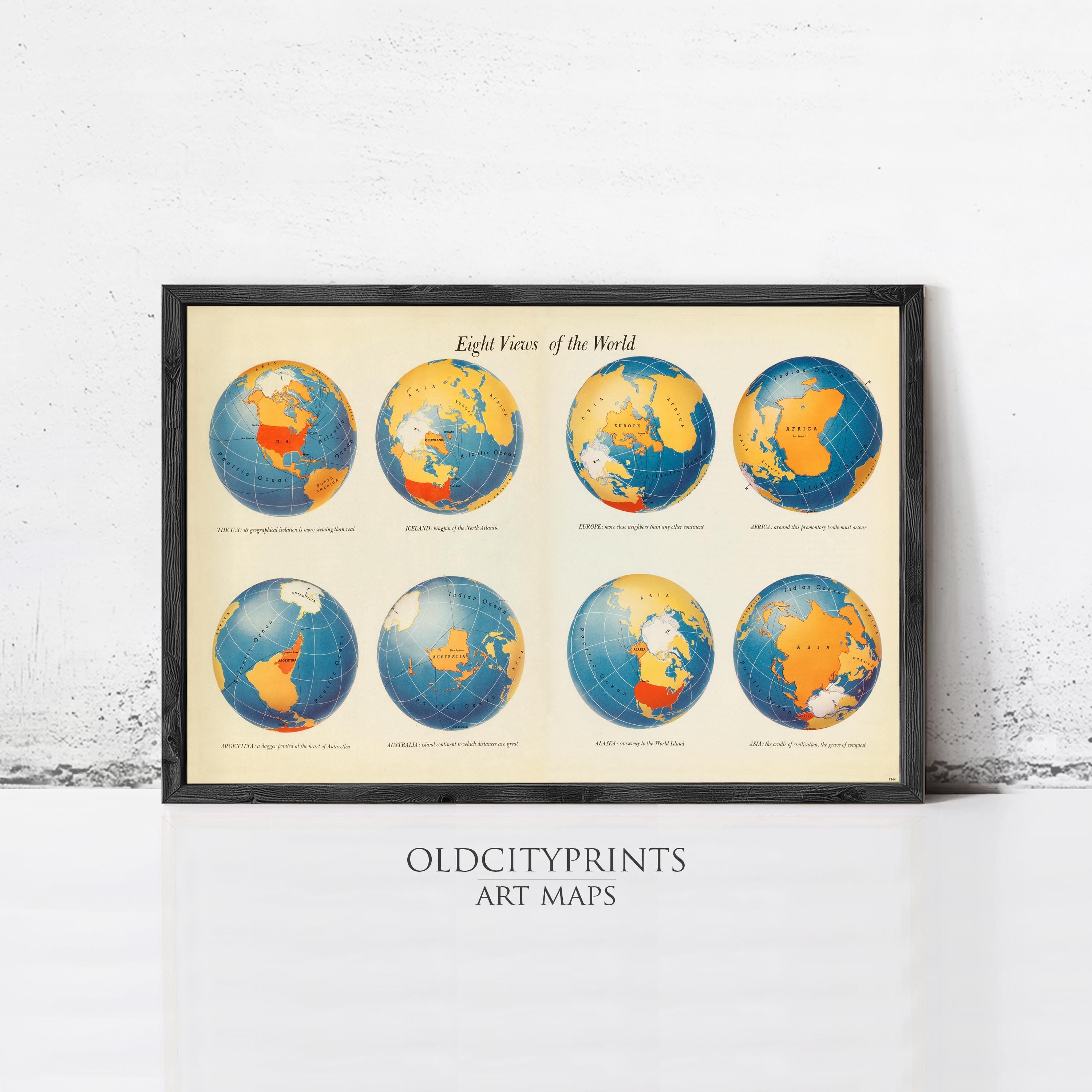 The image is a framed art print titled "Eighth Views of the World" that displays eight different views of the Earth, each showing a unique perspective of the planet.