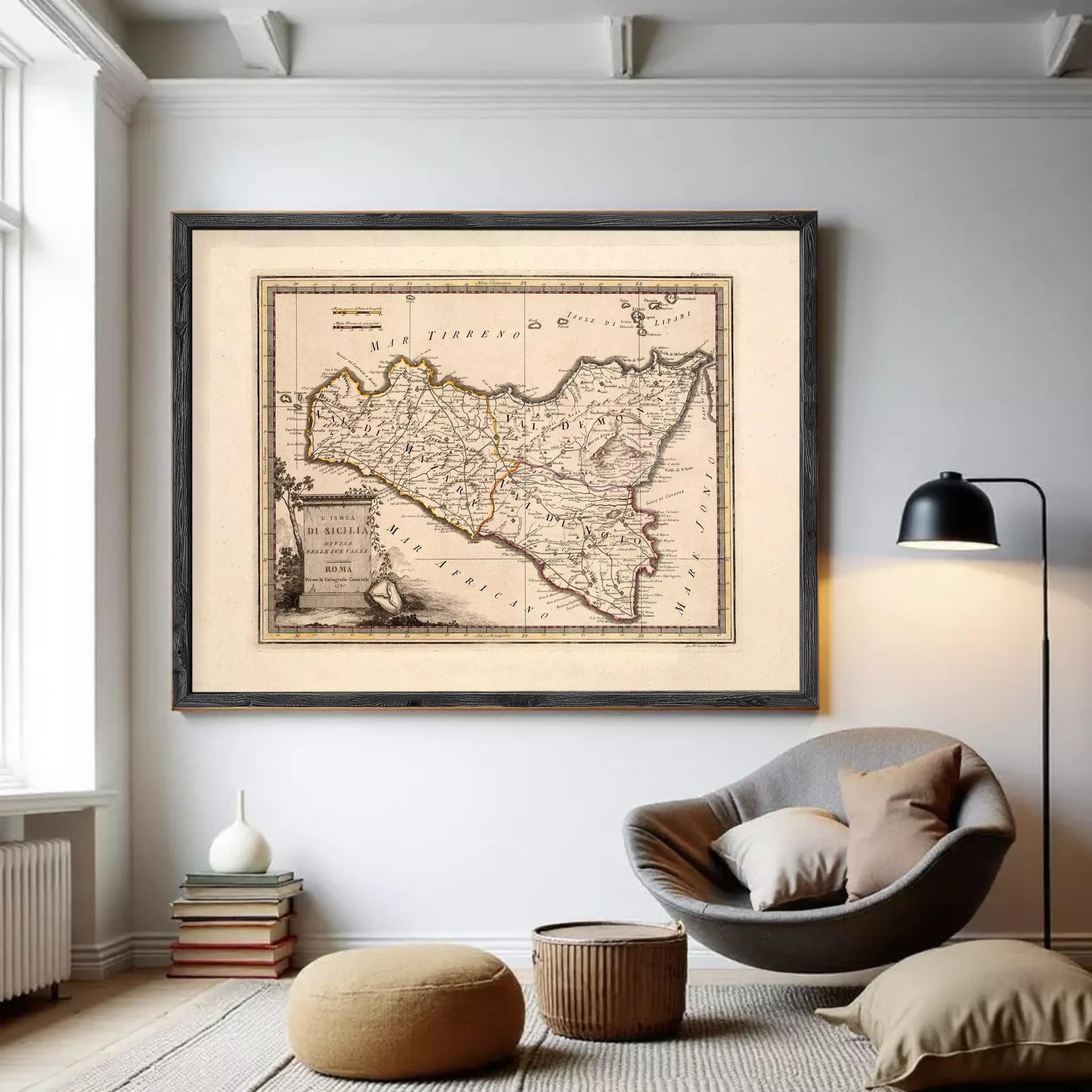 The image is a framed antique map of Italy, depicting the country's geographical layout and boundaries.
