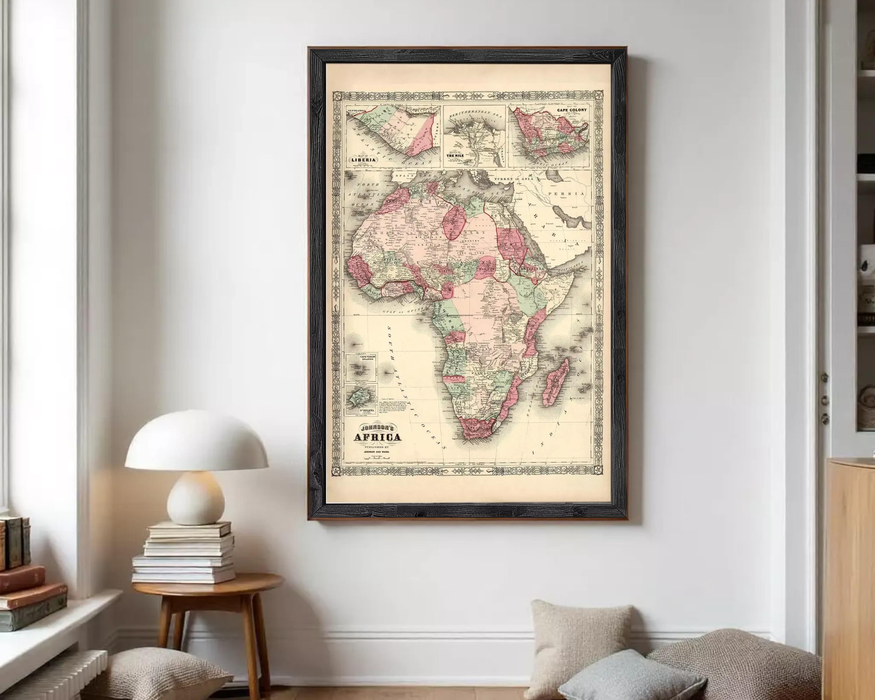 The image is a framed vintage map of Africa, depicting the continent in a detailed and colorful manner.