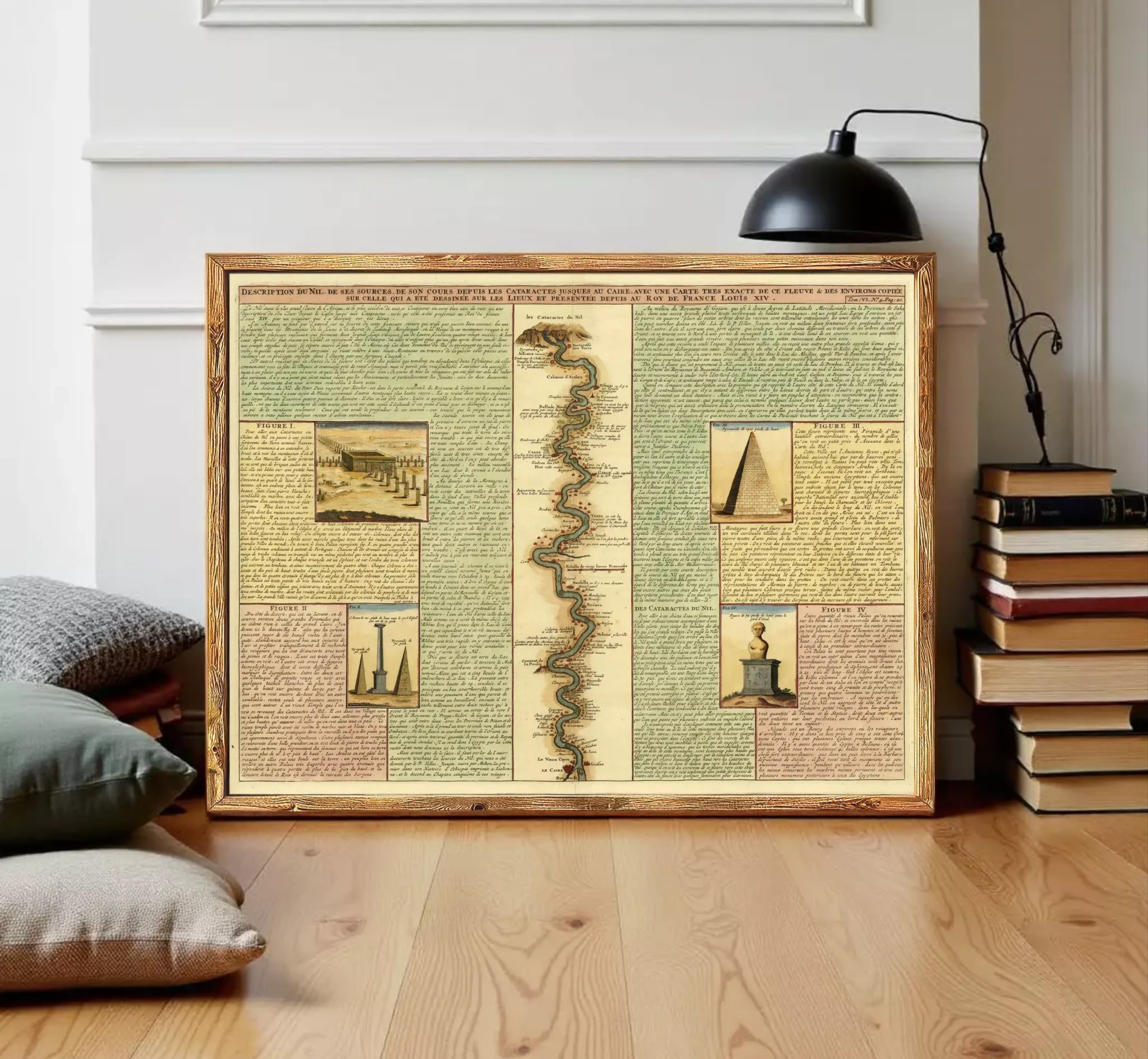 The image is a framed collage of various texts and illustrations, including a map and some small images, all set against a white wall.