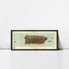 The image is a framed map of Puerto Rico, showing the island's geographical layout and surrounding areas.