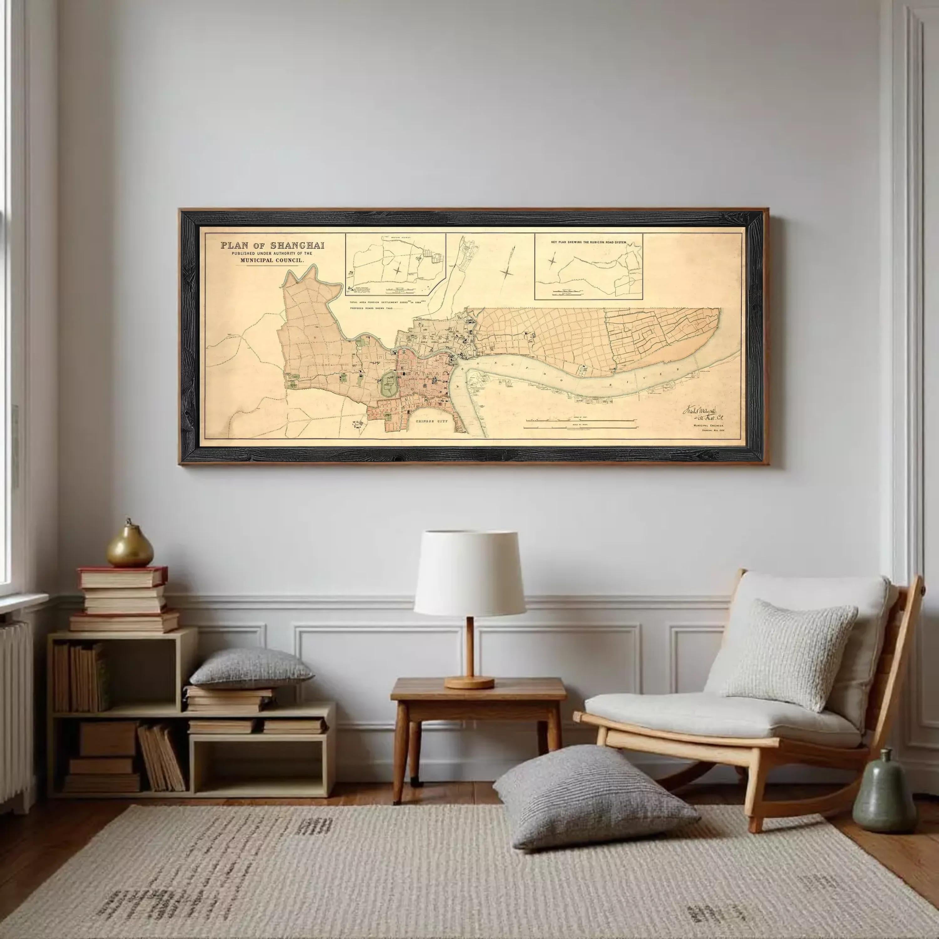 A framed map of Shanghai, China, depicting the city's layout and surrounding areas.