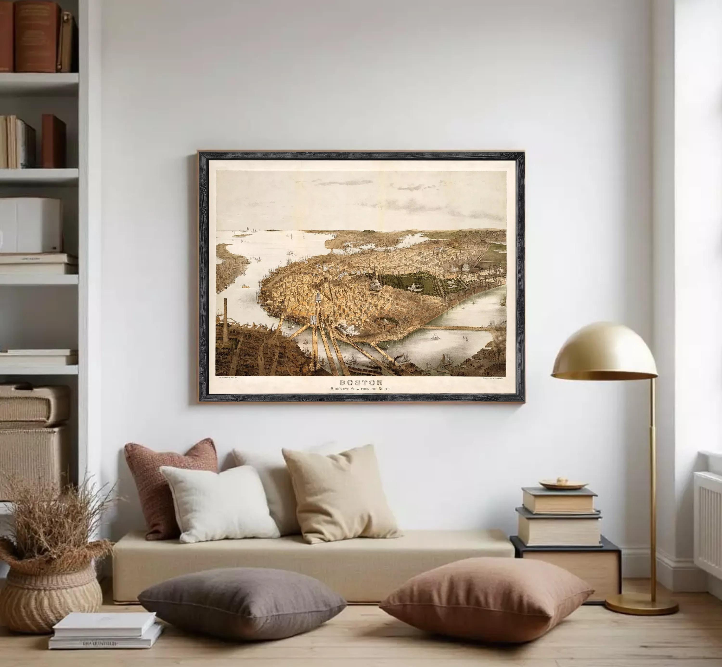 The image is a framed vintage map of Boston, depicting the cityscape with a river and surrounding landscape.