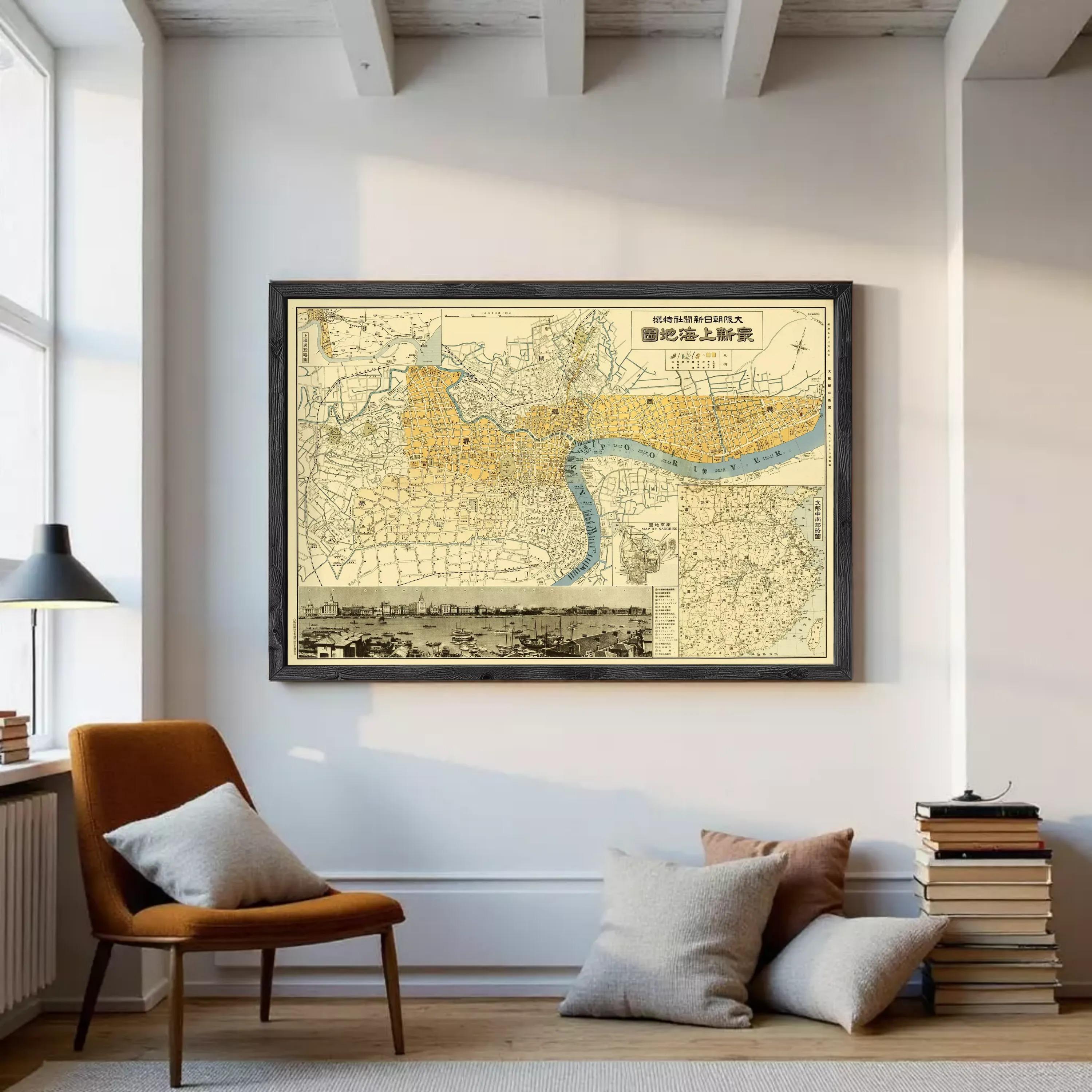 The image is a framed vintage map of London, England, with a black border and yellow and blue color scheme.