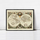 The image is a framed vintage map of the world, depicting the continents and oceans in a detailed and intricate manner.