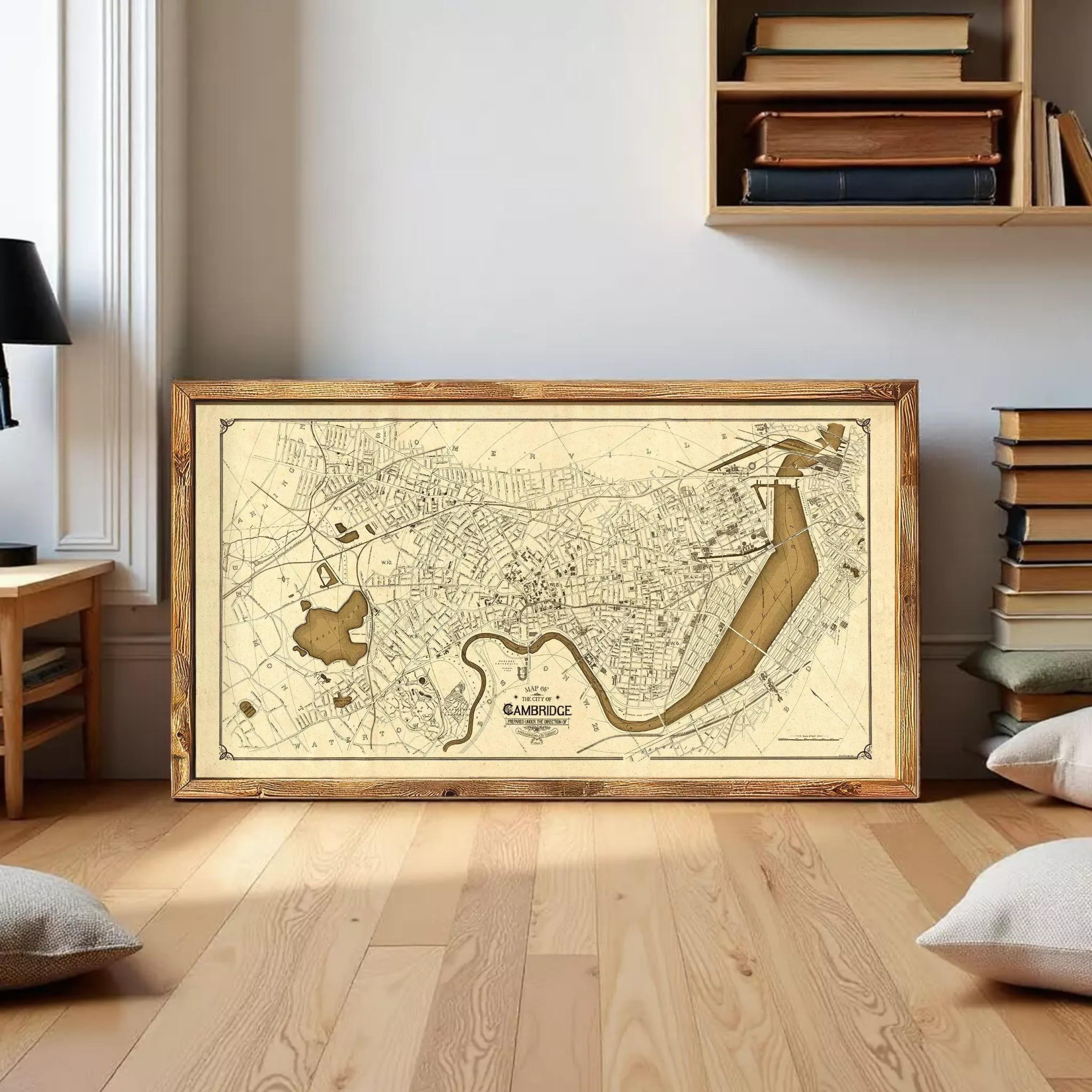 The image is a framed map of a city, likely London, with a detailed layout of streets, landmarks, and other geographical features.