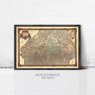 The image is a framed antique map of Europe, with intricate details and a vintage appearance.