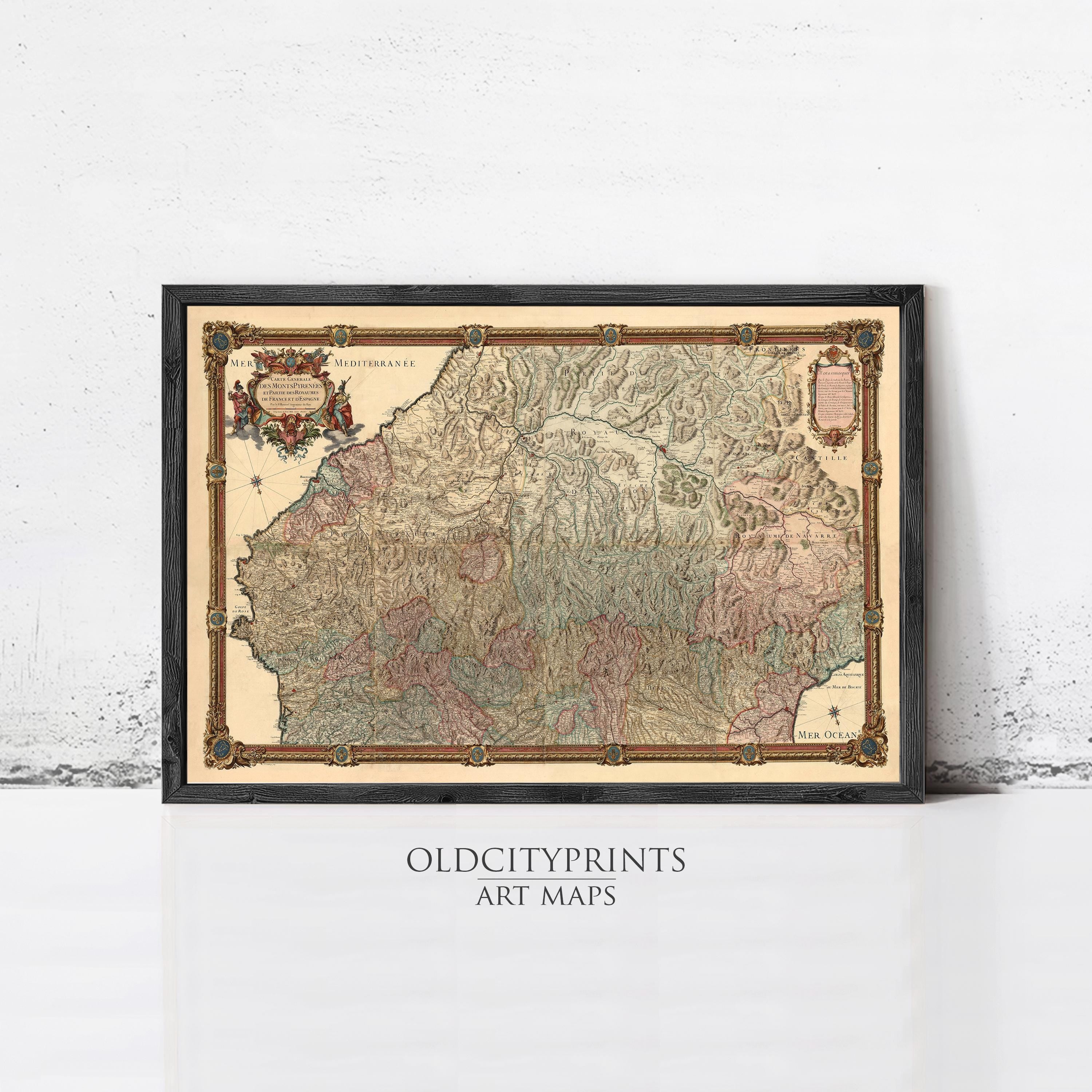The image is a framed antique map of Europe, with intricate details and a vintage appearance.