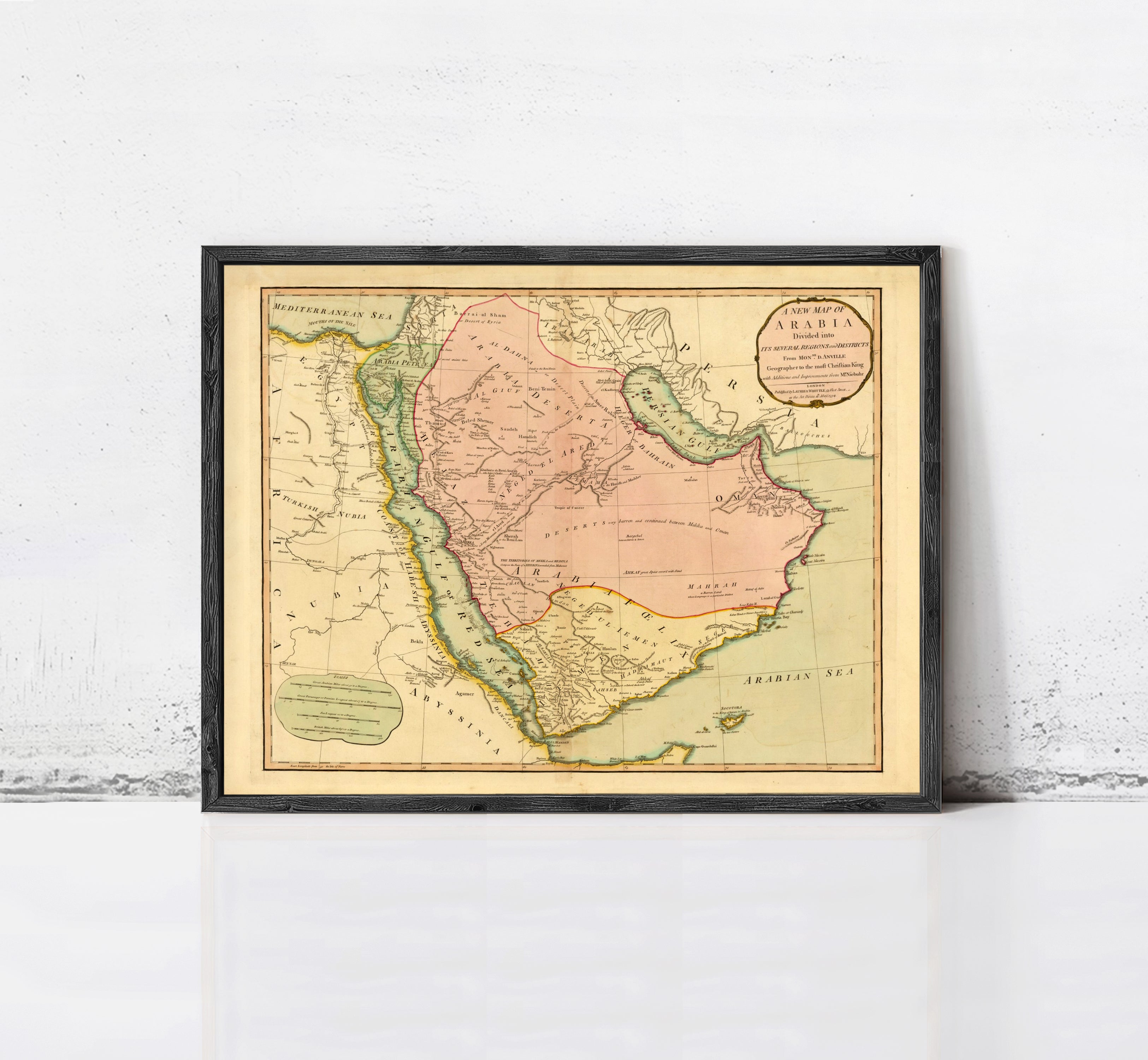 The image is a framed vintage map of the Middle East and North Africa region, depicting the countries and their borders.