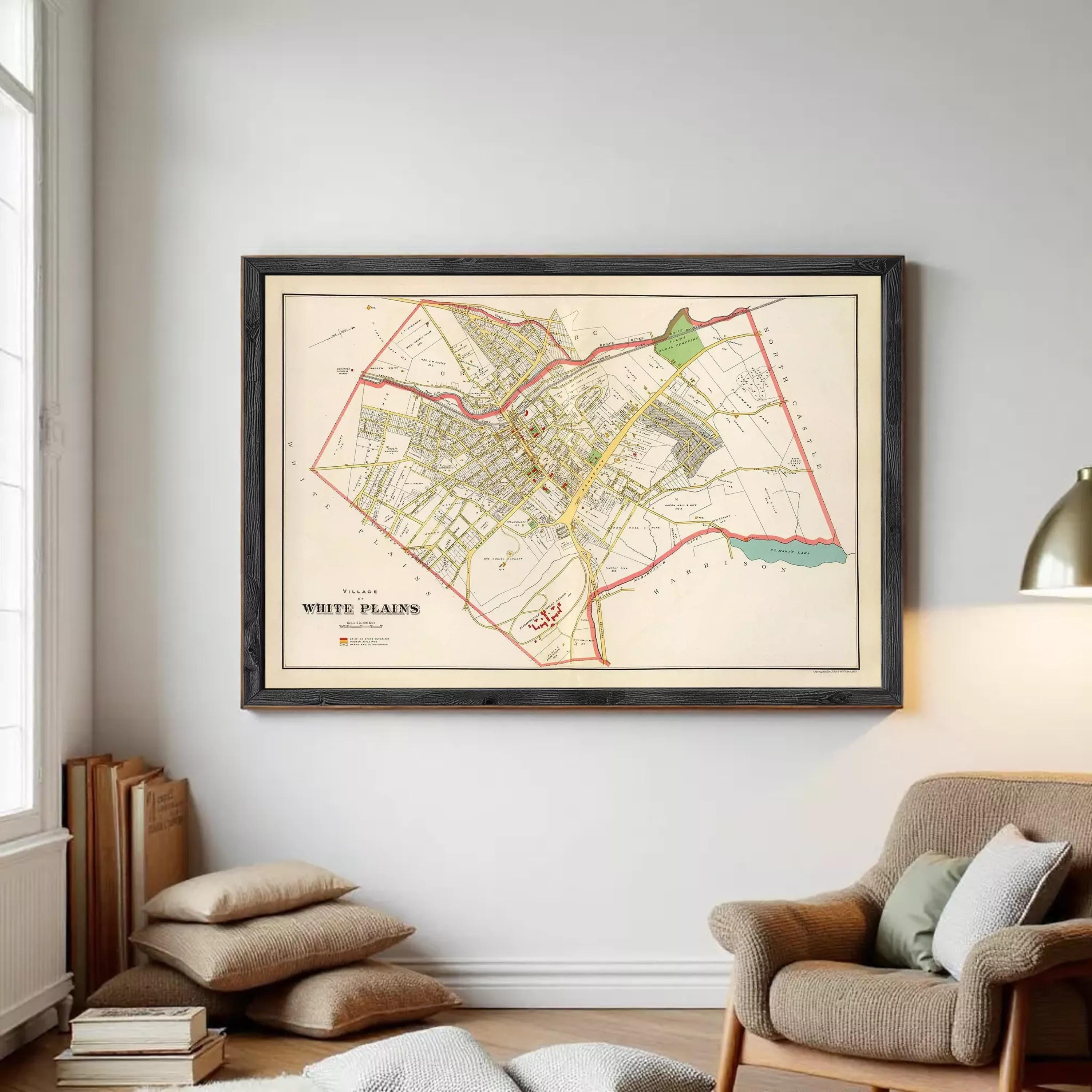 The image is a framed map of White Plains, New York, with a vintage style and a black border.