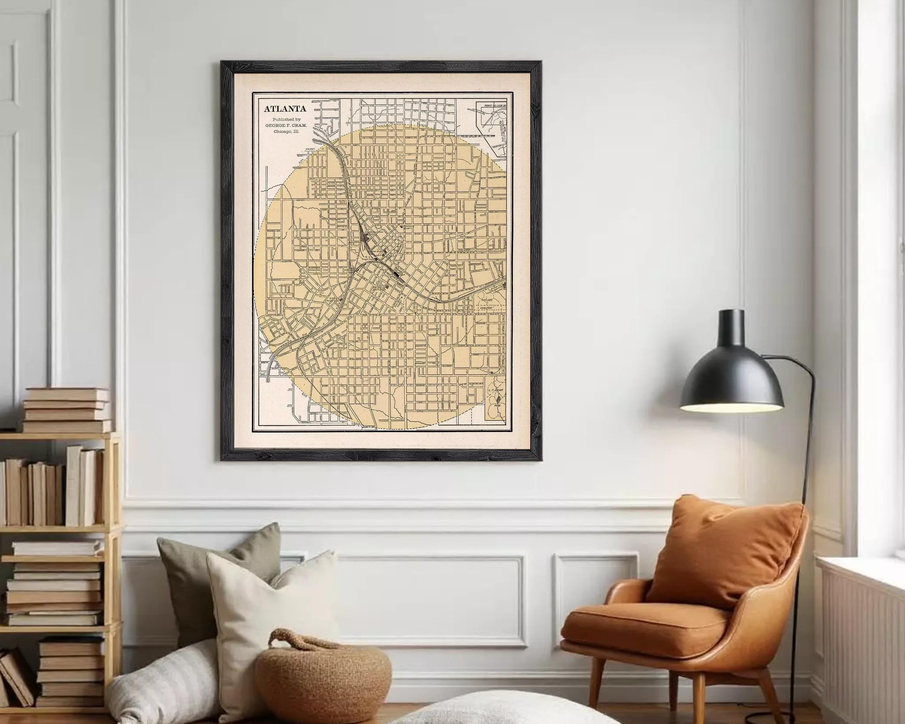 The image is a framed map of Atlanta, Georgia, showing the city's streets and neighborhoods.