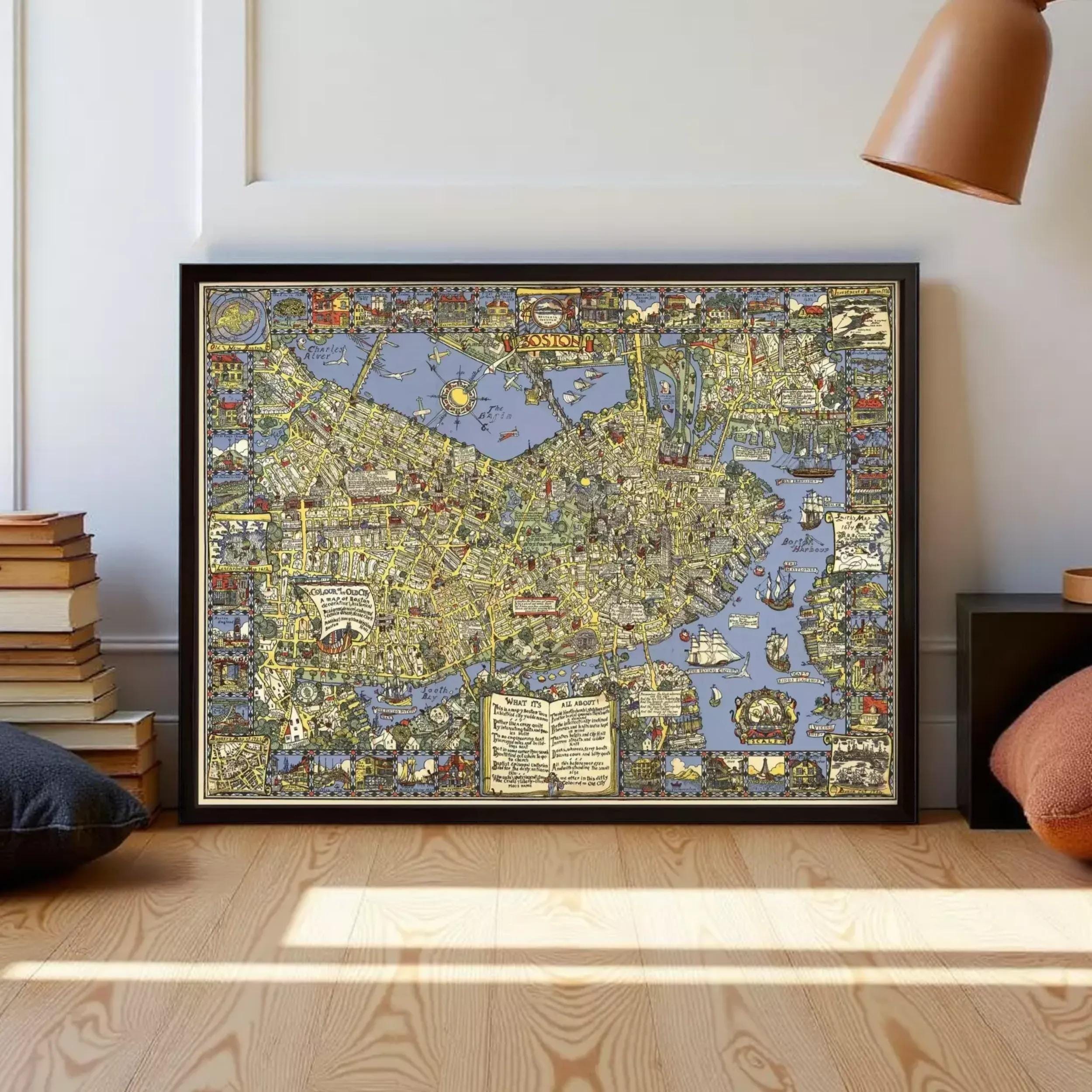The image is a large framed map of London, England, with various landmarks and streets depicted in a detailed and colorful manner.