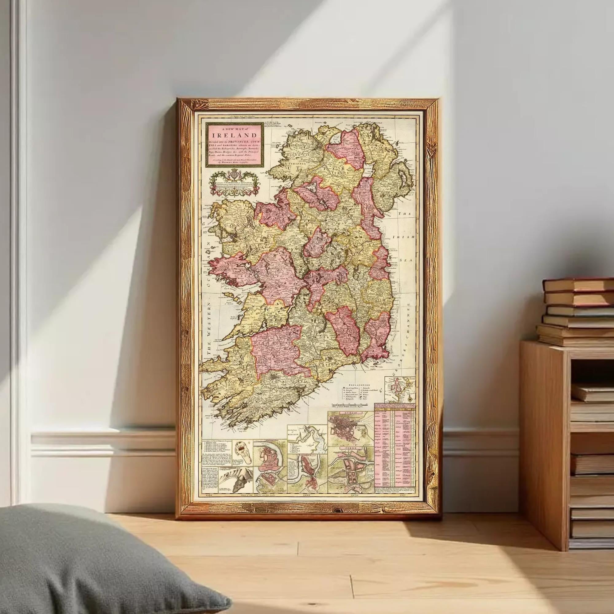 The image is a framed vintage map of Ireland, depicting the country's geographical layout and boundaries.