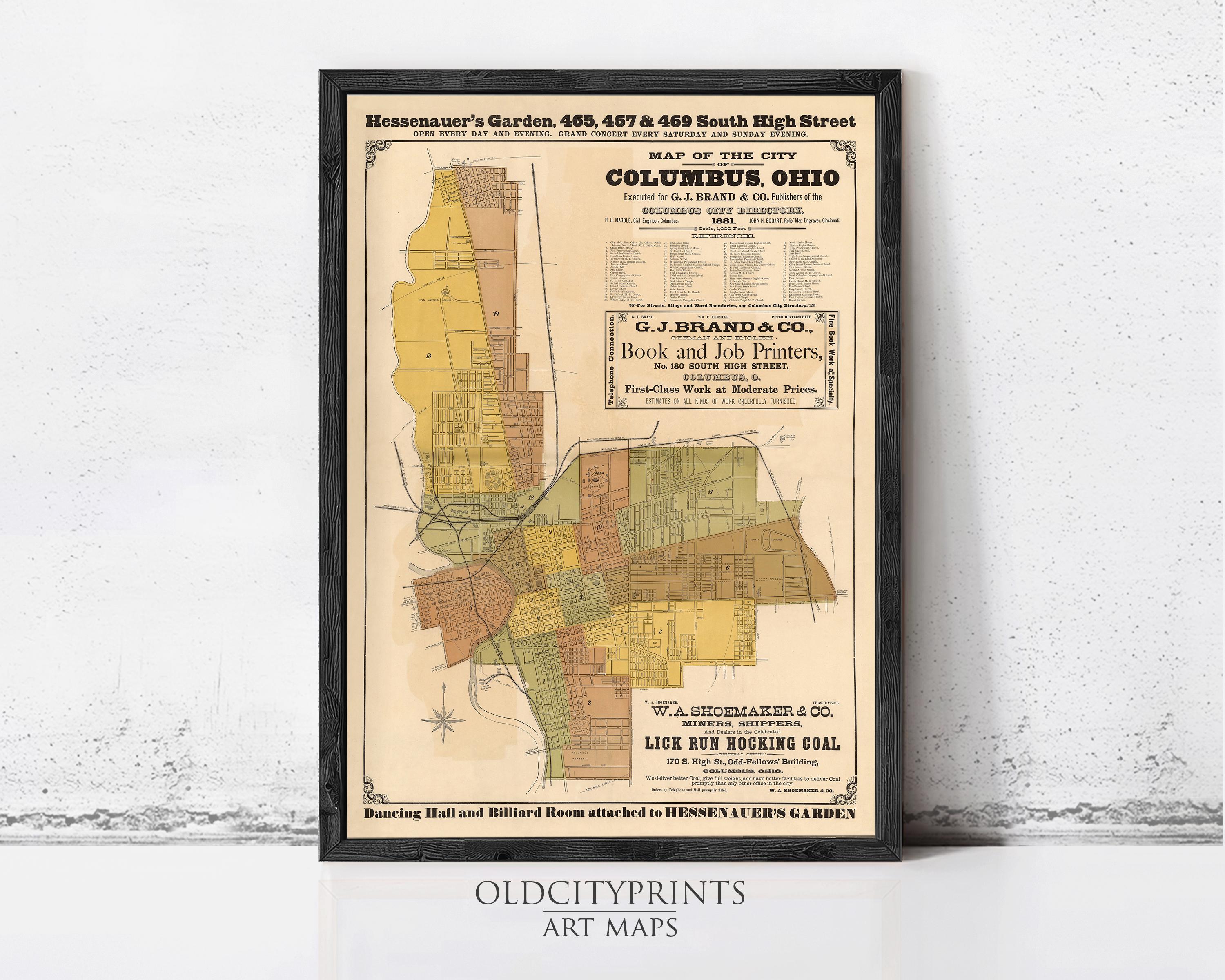 The image is a framed vintage map of Columbus, Ohio, depicting the city's layout and surrounding areas.