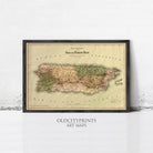 The image is a framed vintage map of Puerto Rico, depicting the island and surrounding areas.