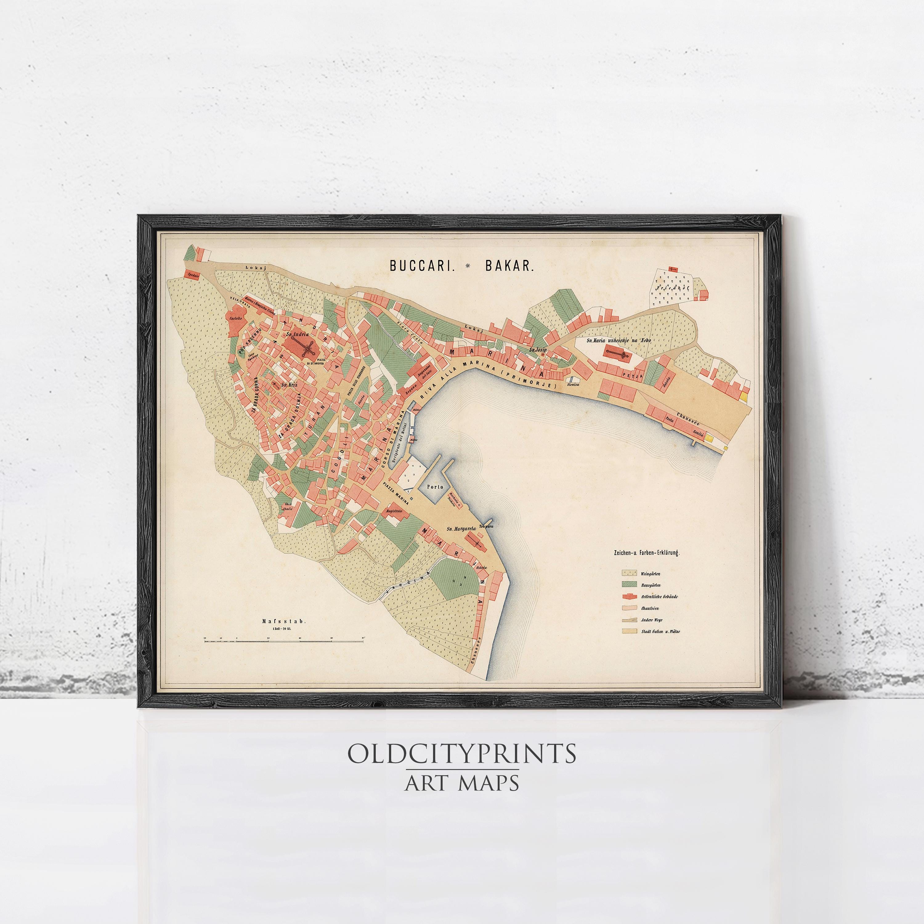 The image is a framed vintage map of the city of Baku, Azerbaijan, showing the layout of the city and surrounding areas.