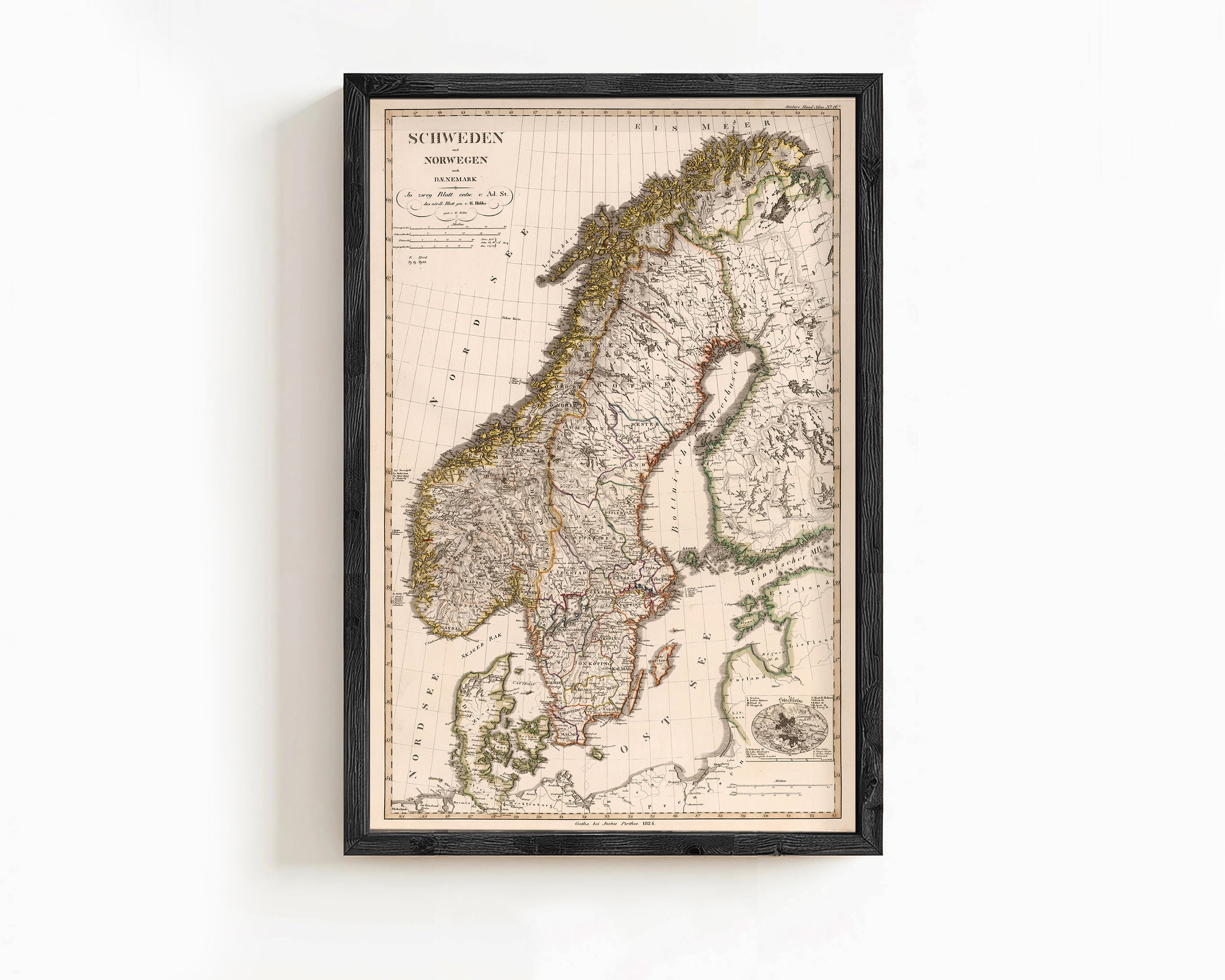 The image is a framed vintage map of Europe, specifically focusing on Norway.