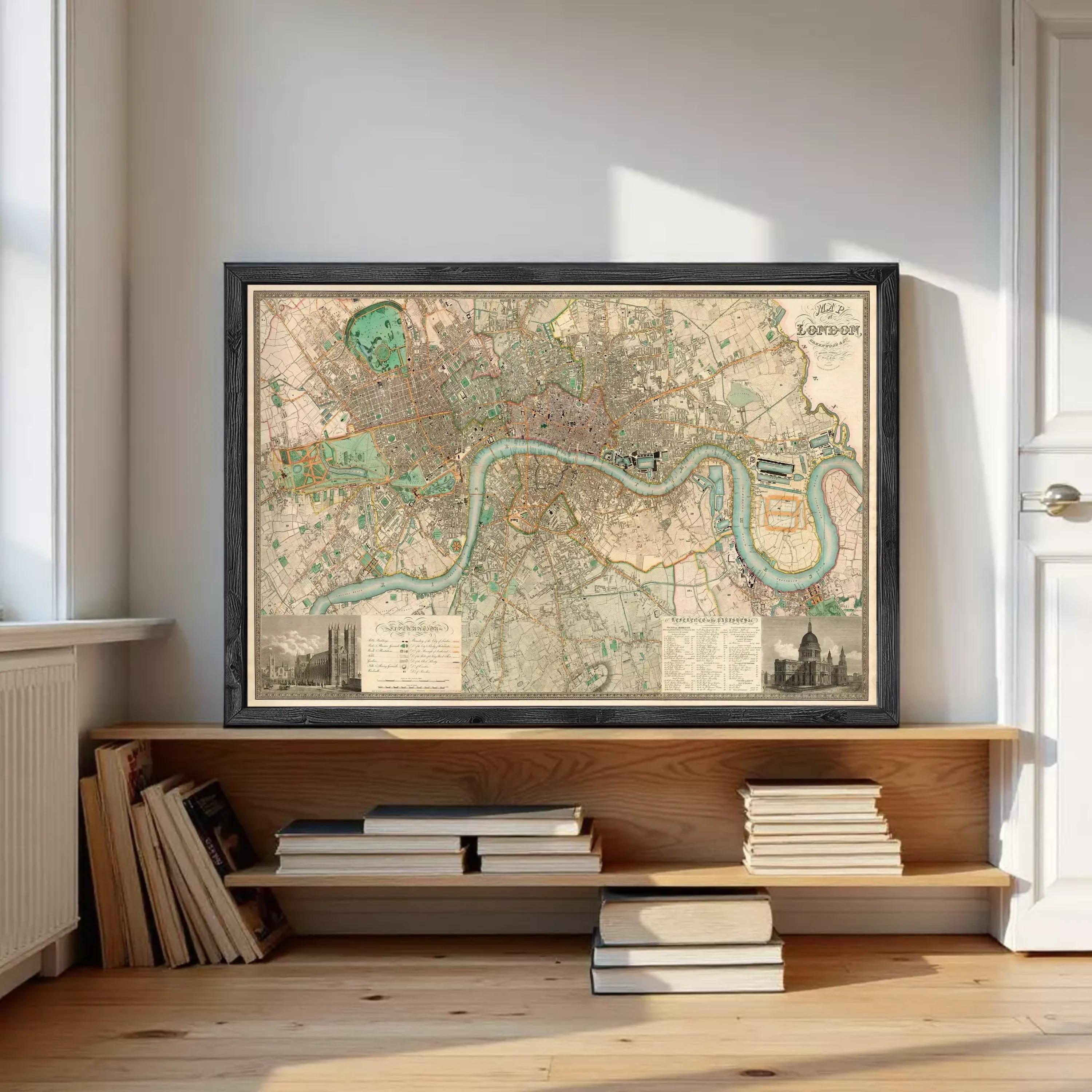 A framed map of London is displayed on a shelf, surrounded by books and other items.