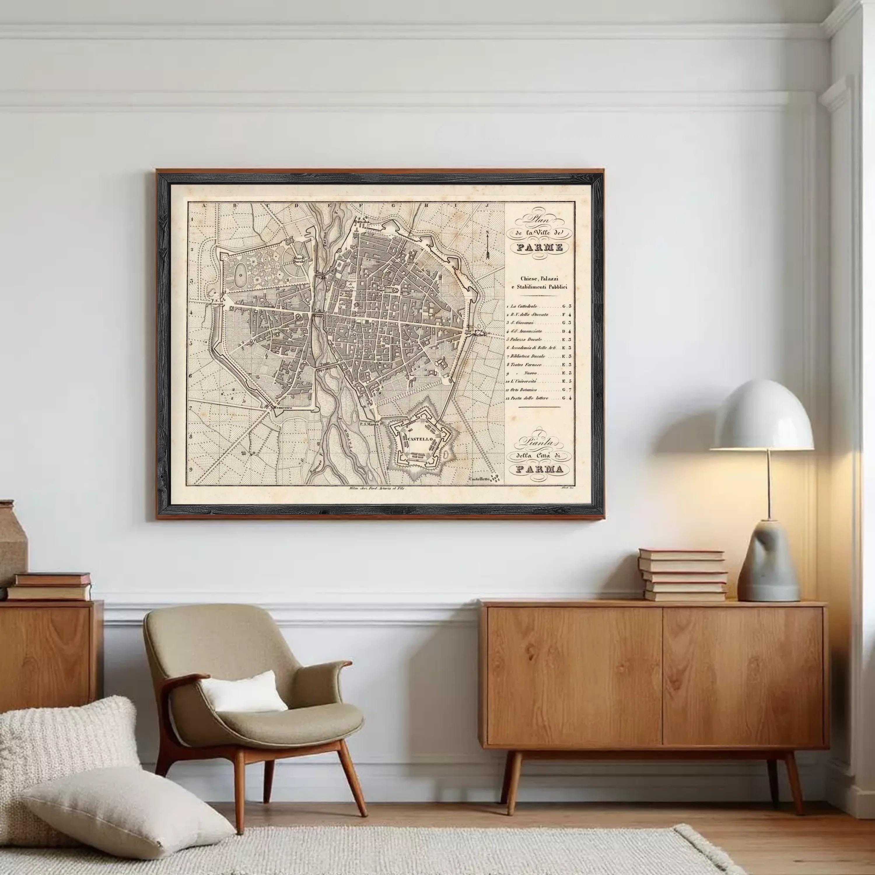 The image is a framed vintage map of Paris, France, depicting the city's layout and surrounding areas.