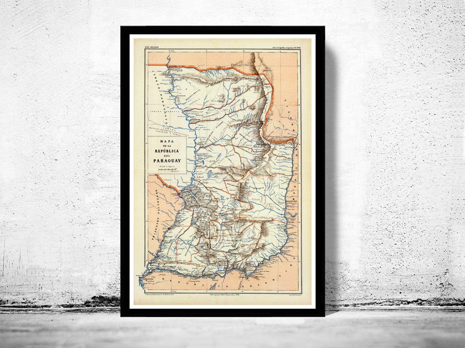 The image is a framed vintage map of the country of Panama, depicting the country's geographical layout and boundaries.