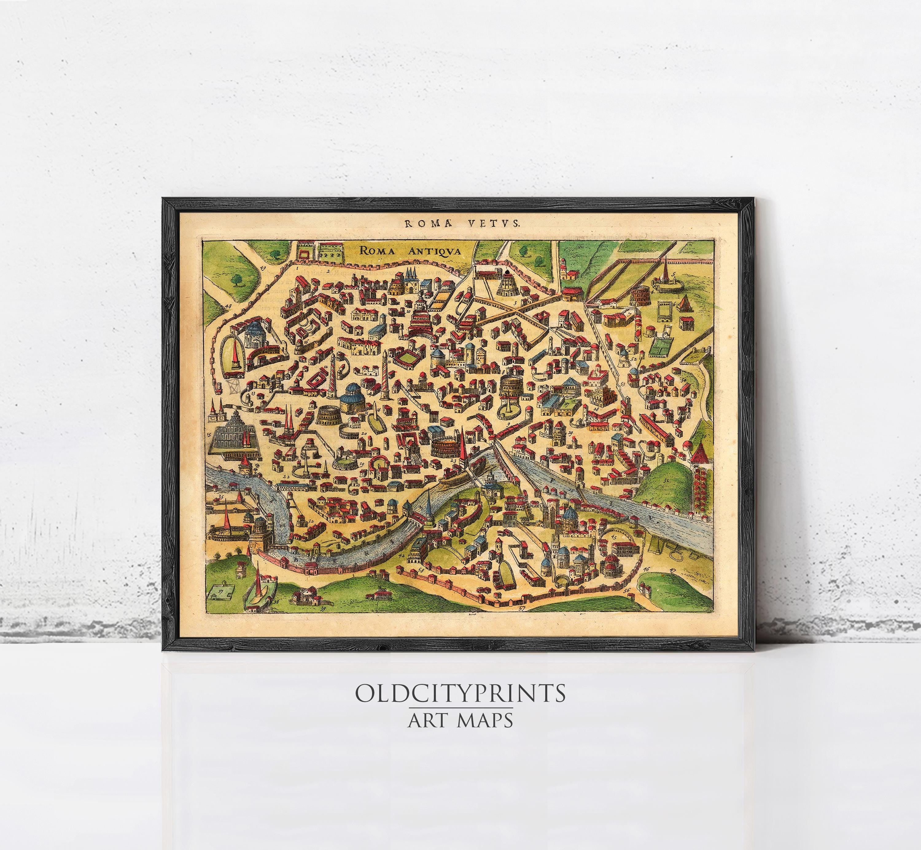 The image is a framed vintage map of Rome, Italy, depicting the city's layout and surrounding areas.