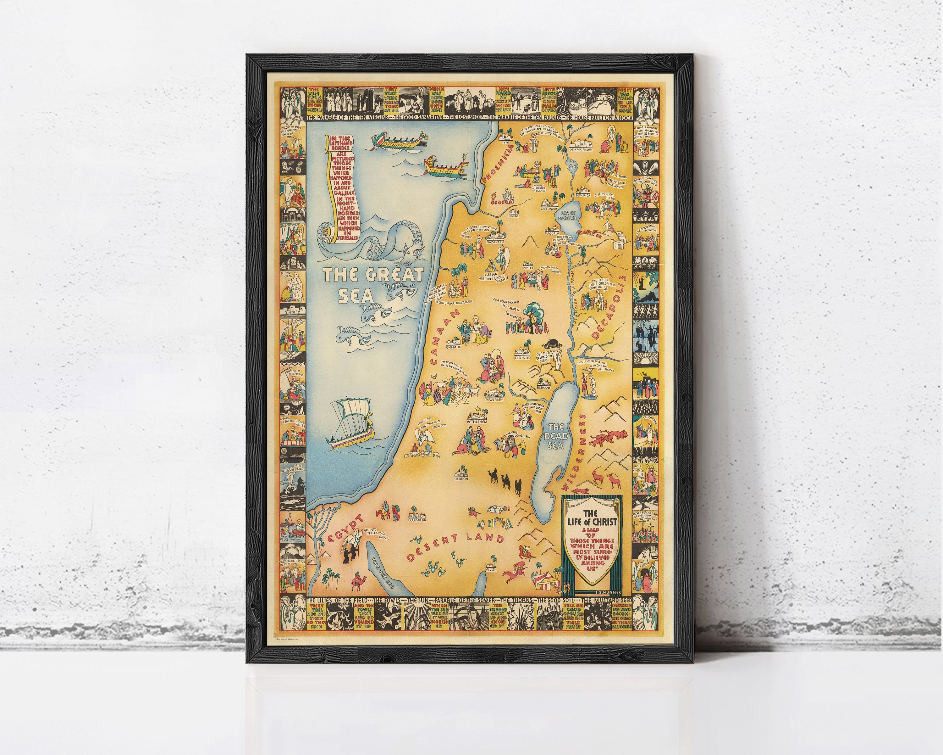The image is a framed map of the Middle East, depicting various landmarks, countries, and regions within the region.