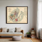 a large framed map of København, Copenhagen, hanging on a wall in a living room.